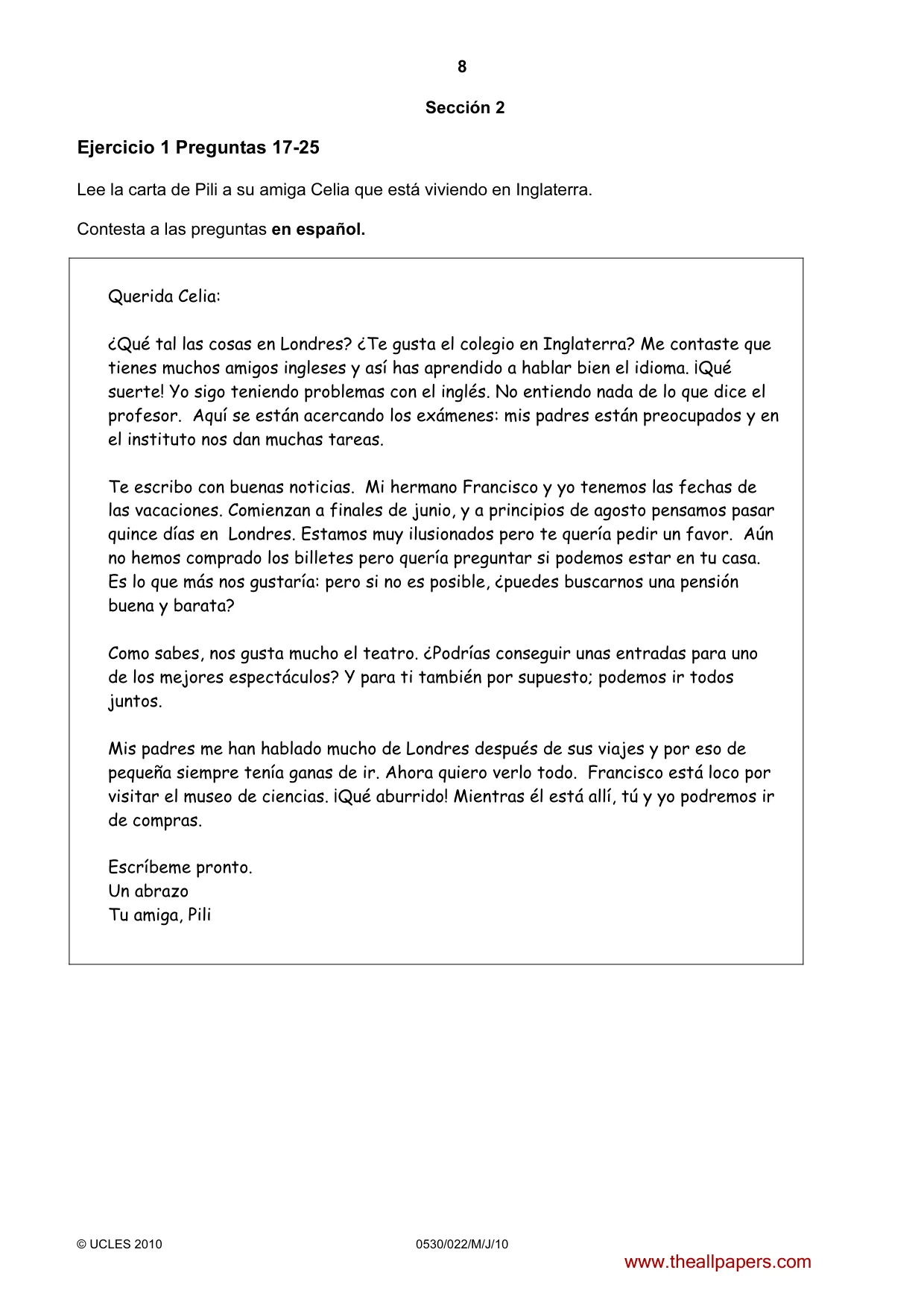 Cambridge IGCSE Spanish - Foreign Language 0530 2010 May/June Paper 2 · Variant 2 question paper, page 8 of 16