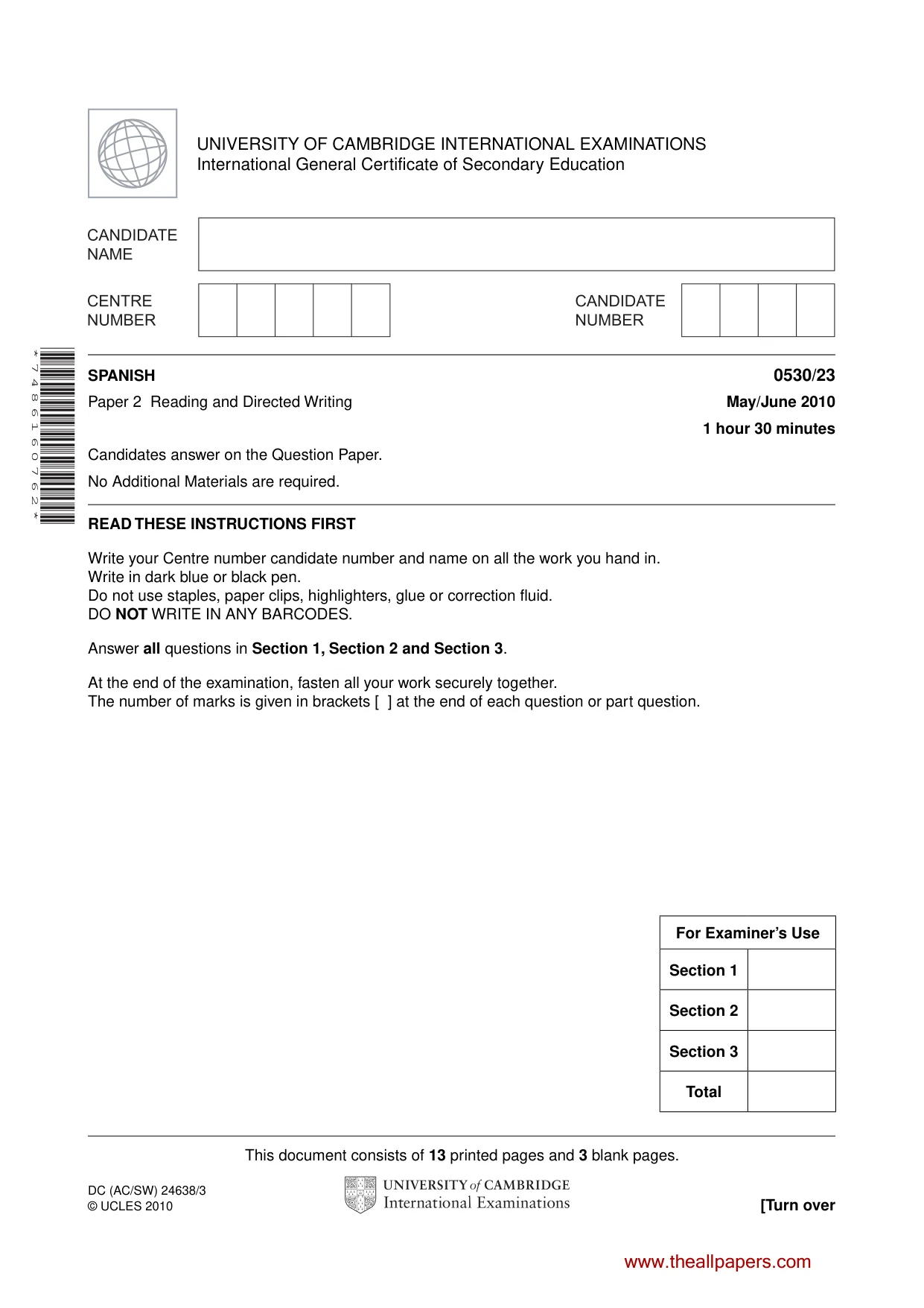 Cambridge IGCSE Spanish - Foreign Language 0530 2010 May/June Paper 2 · Variant 3 question paper, page 1 of 16