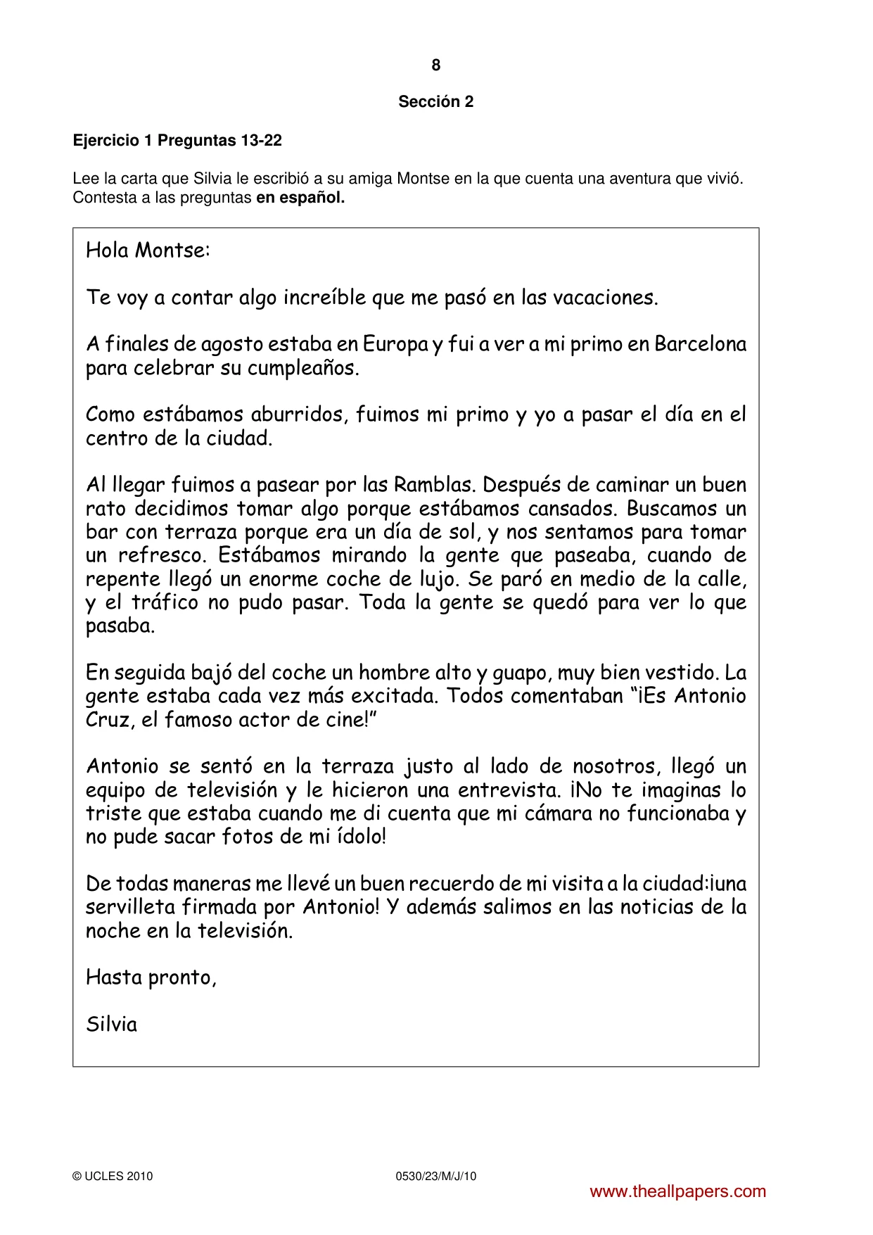 Cambridge IGCSE Spanish - Foreign Language 0530 2010 May/June Paper 2 · Variant 3 question paper, page 8 of 16