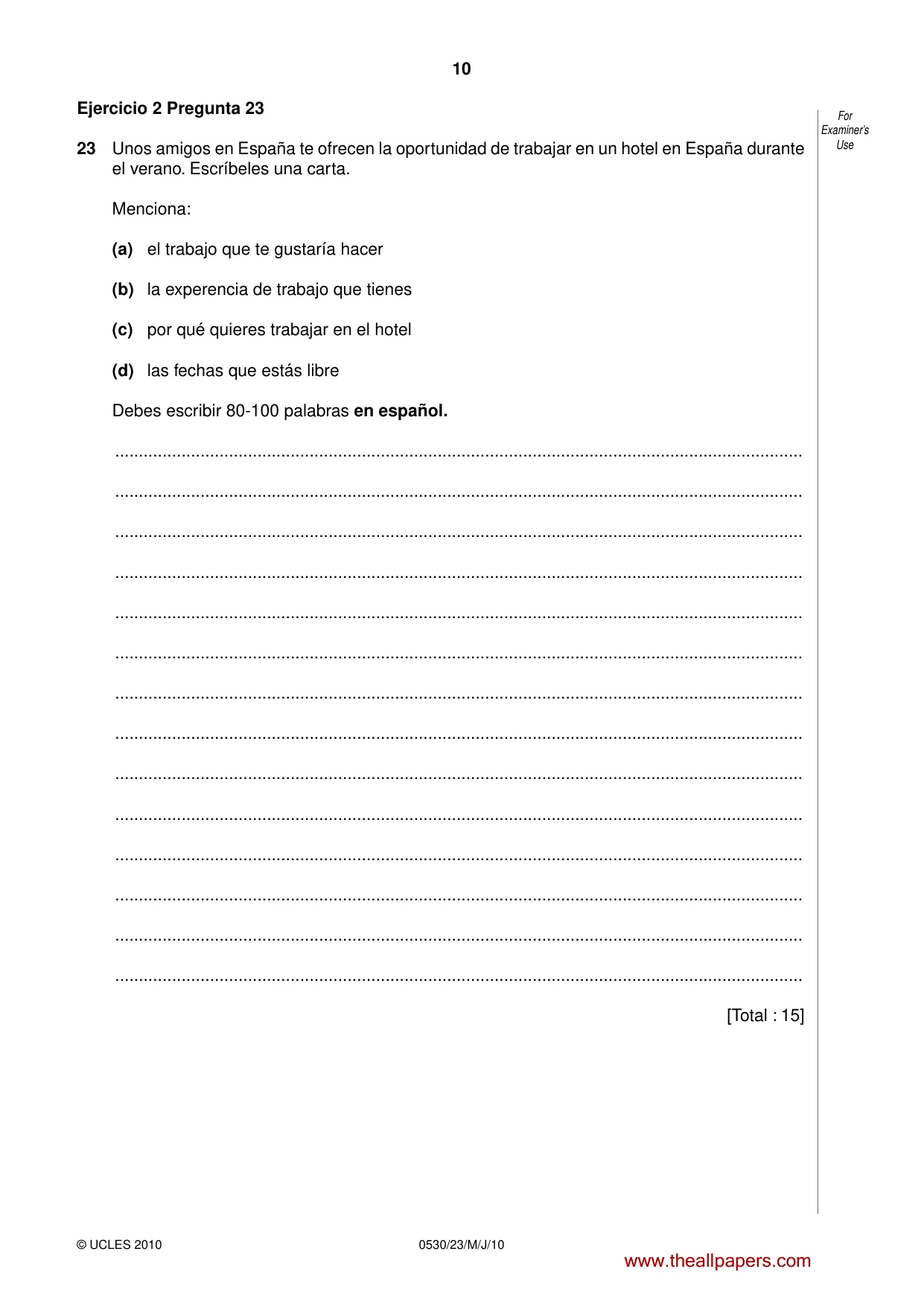 Cambridge IGCSE Spanish - Foreign Language 0530 2010 May/June Paper 2 · Variant 3 question paper, page 10 of 16