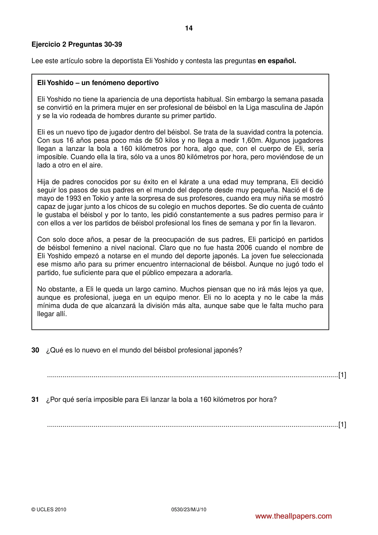 Cambridge IGCSE Spanish - Foreign Language 0530 2010 May/June Paper 2 · Variant 3 question paper, page 14 of 16