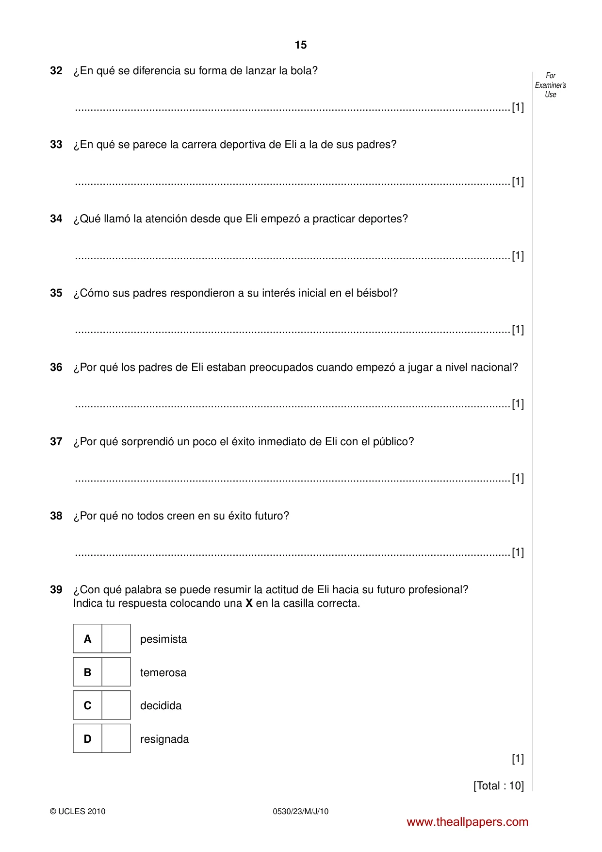Cambridge IGCSE Spanish - Foreign Language 0530 2010 May/June Paper 2 · Variant 3 question paper, page 15 of 16