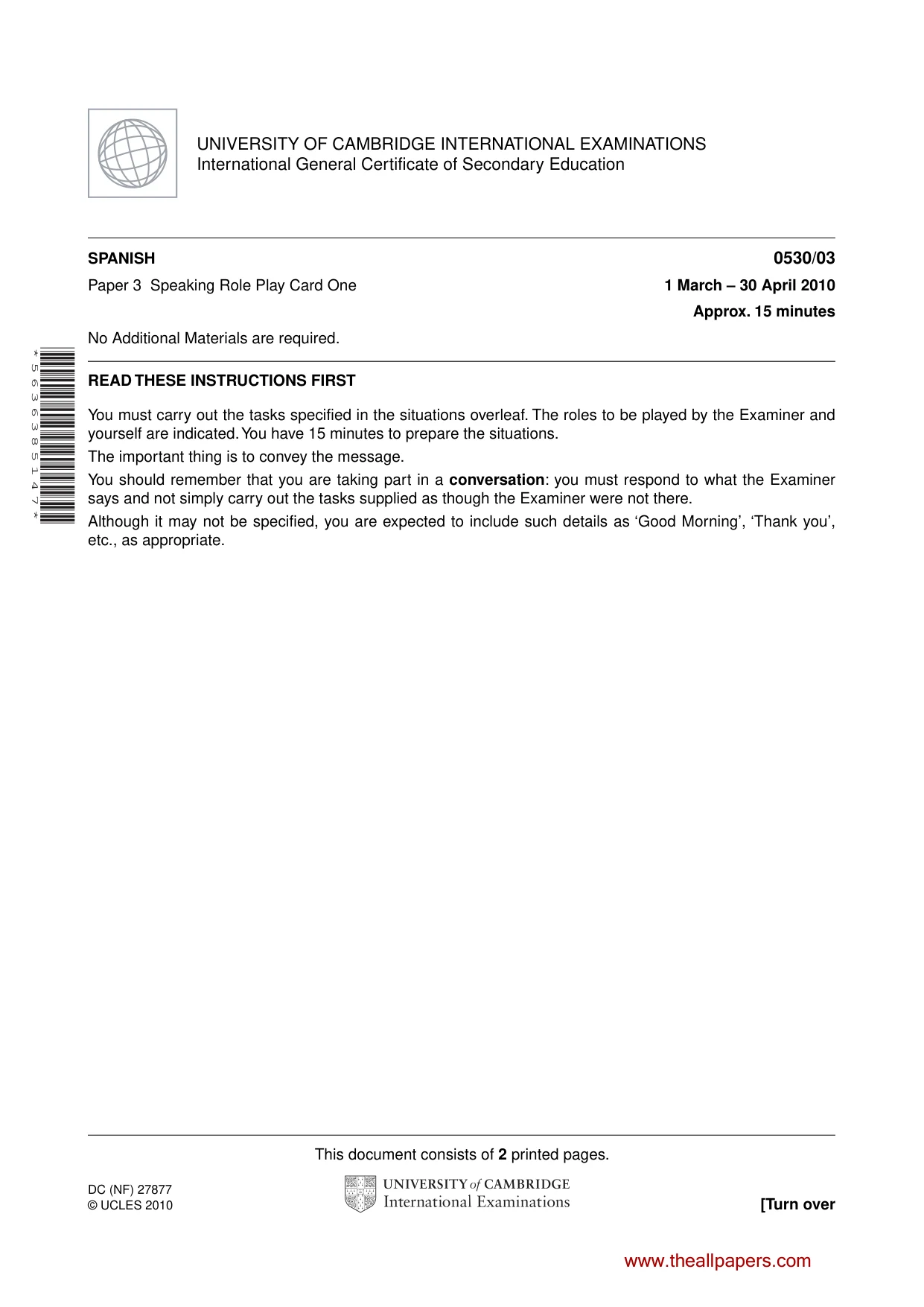 Cambridge IGCSE Spanish - Foreign Language 0530 2010 May/June Paper 3 · Variant 1 question paper, page 1 of 18