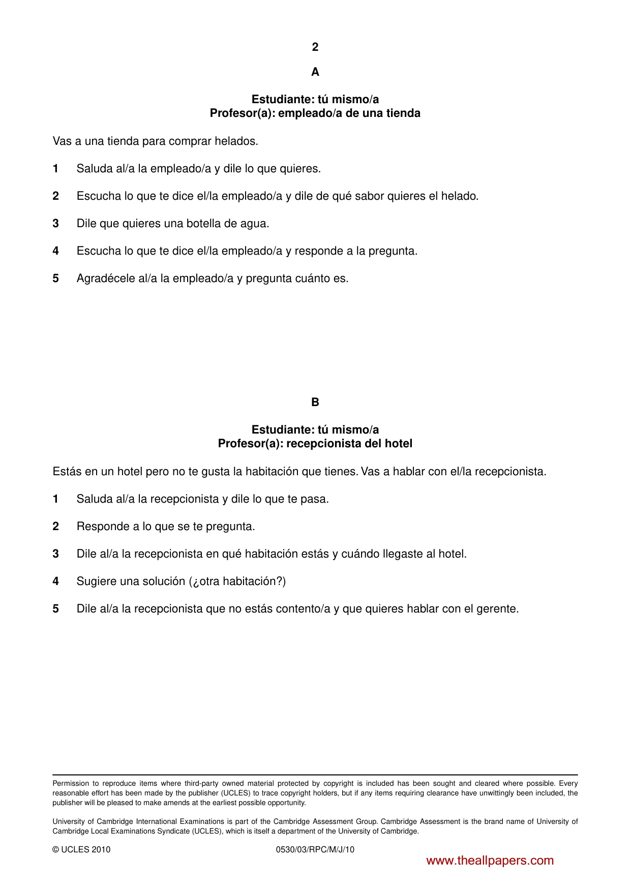 Cambridge IGCSE Spanish - Foreign Language 0530 2010 May/June Paper 3 · Variant 1 question paper, page 2 of 18