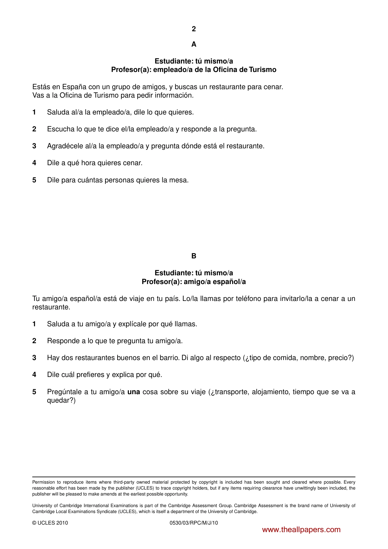 Cambridge IGCSE Spanish - Foreign Language 0530 2010 May/June Paper 3 · Variant 1 question paper, page 10 of 18