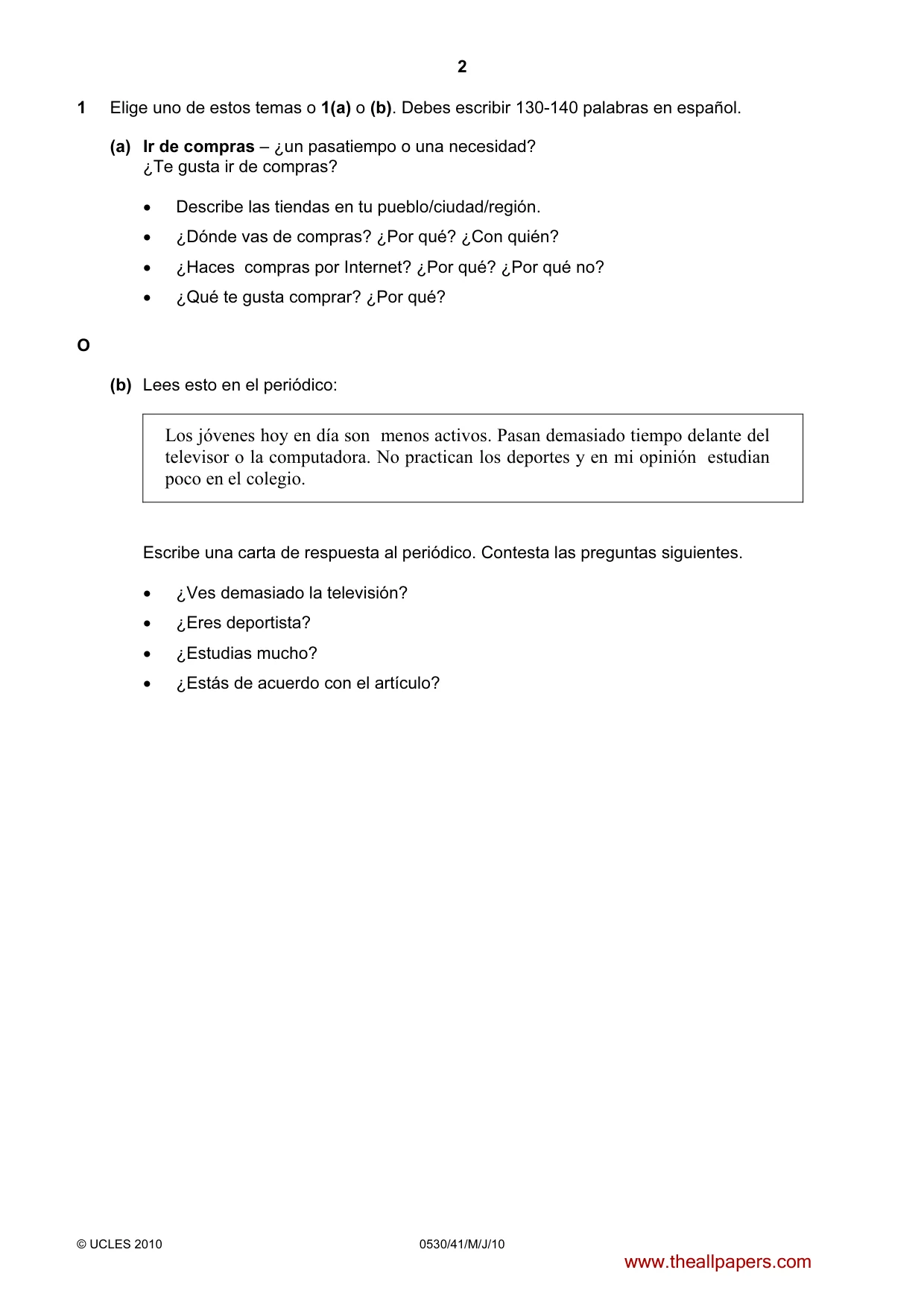 Cambridge IGCSE Spanish - Foreign Language 0530 2010 May/June Paper 4 · Variant 1 question paper, page 2 of 4