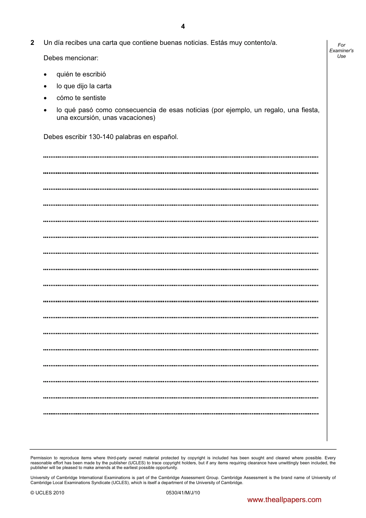 Cambridge IGCSE Spanish - Foreign Language 0530 2010 May/June Paper 4 · Variant 1 question paper, page 4 of 4