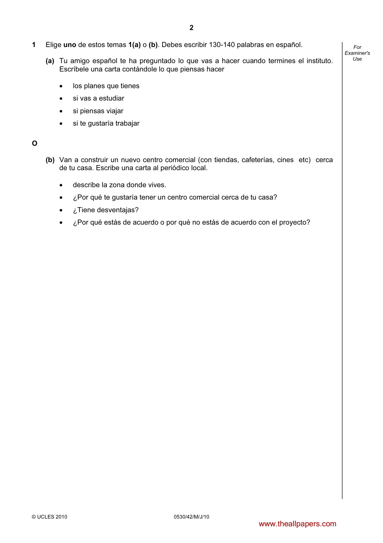 Cambridge IGCSE Spanish - Foreign Language 0530 2010 May/June Paper 4 · Variant 2 question paper, page 2 of 4