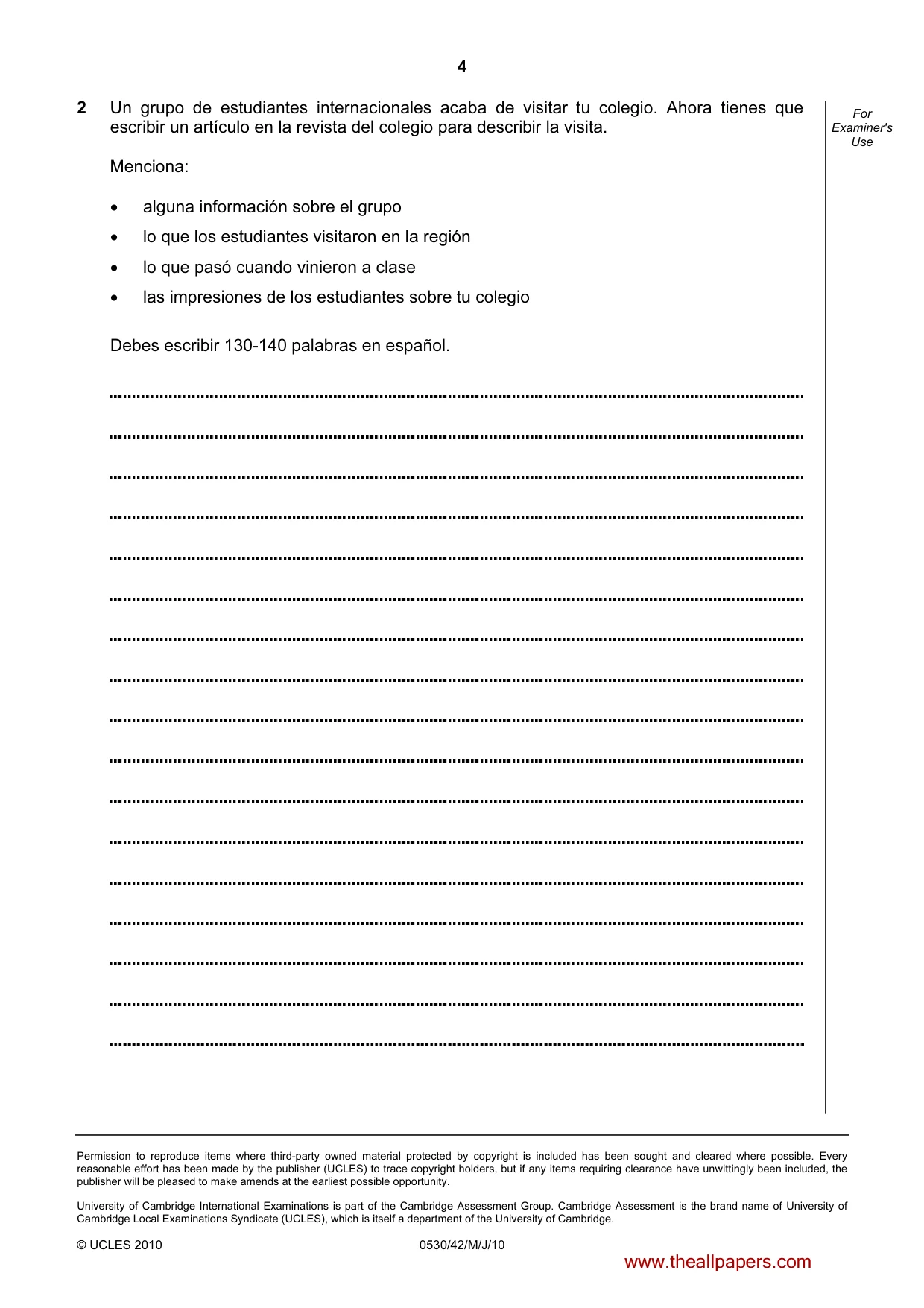 Cambridge IGCSE Spanish - Foreign Language 0530 2010 May/June Paper 4 · Variant 2 question paper, page 4 of 4