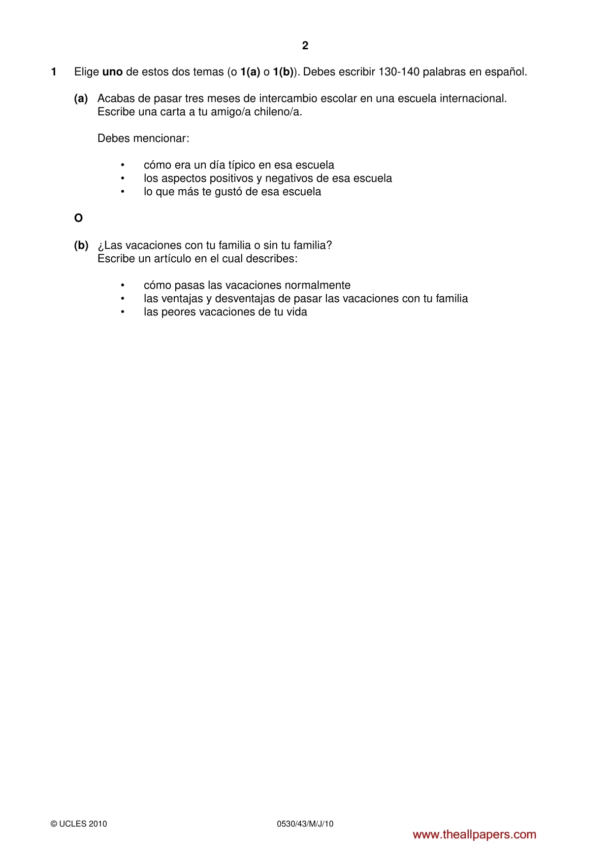 Cambridge IGCSE Spanish - Foreign Language 0530 2010 May/June Paper 4 · Variant 3 question paper, page 2 of 4