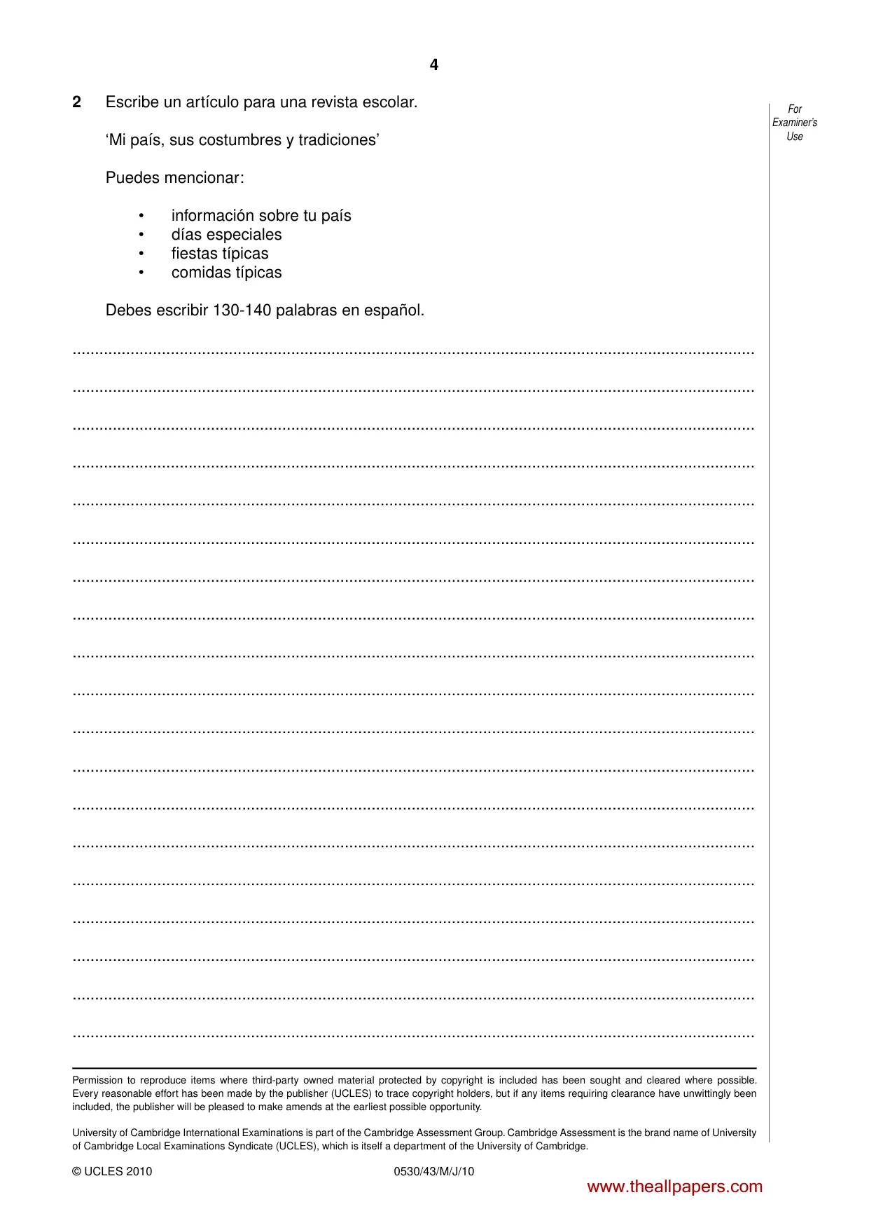 Cambridge IGCSE Spanish - Foreign Language 0530 2010 May/June Paper 4 · Variant 3 question paper, page 4 of 4