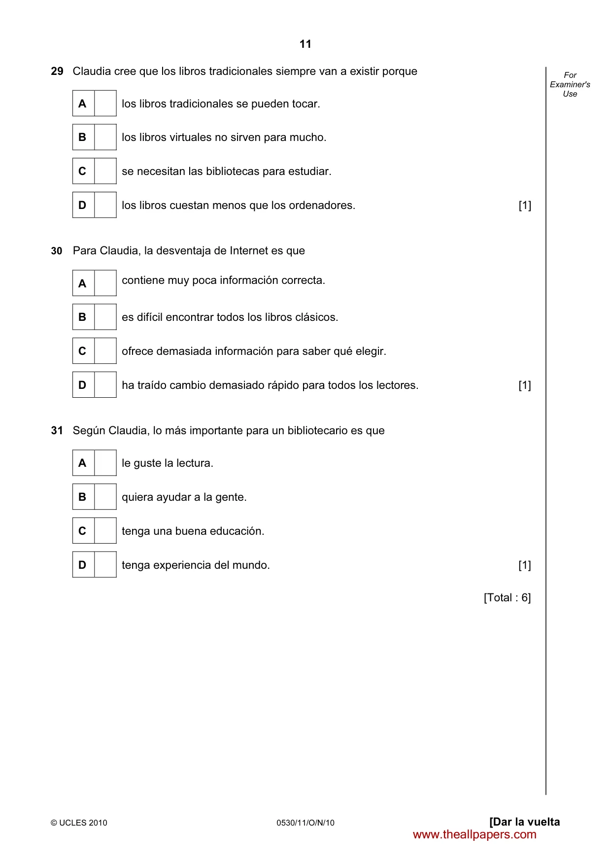 Cambridge IGCSE Spanish - Foreign Language 0530 2010 Oct/Nov Paper 1 · Variant 1 question paper, page 11 of 12