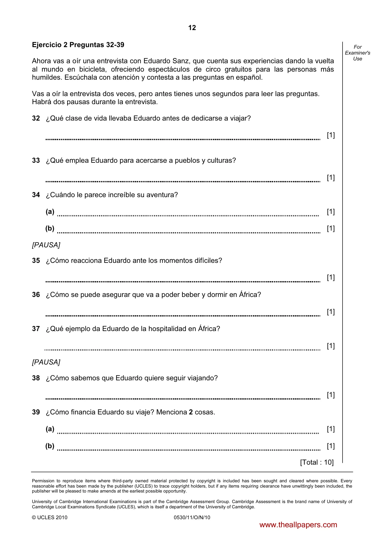 Cambridge IGCSE Spanish - Foreign Language 0530 2010 Oct/Nov Paper 1 · Variant 1 question paper, page 12 of 12