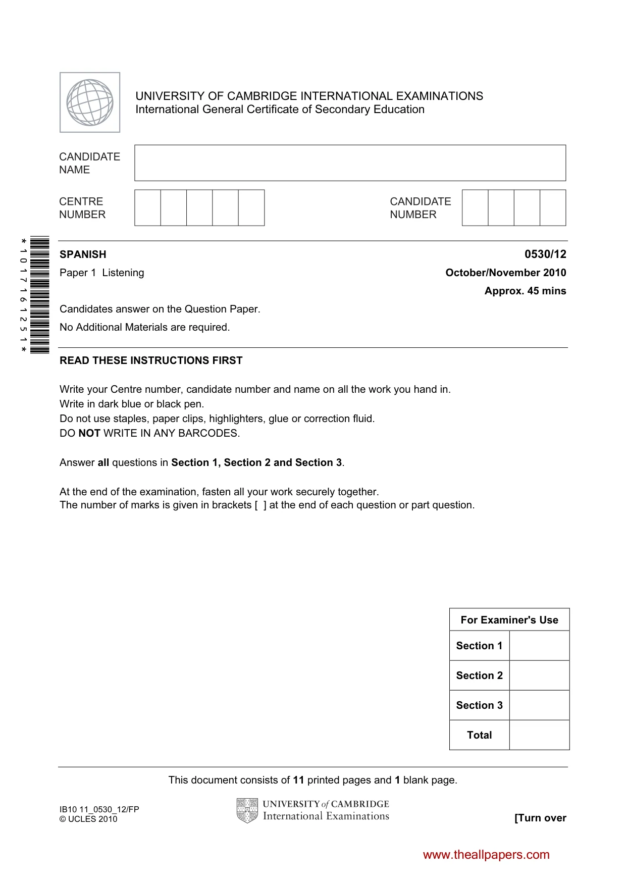 Cambridge IGCSE Spanish - Foreign Language 0530 2010 Oct/Nov Paper 1 · Variant 2 question paper, page 1 of 12