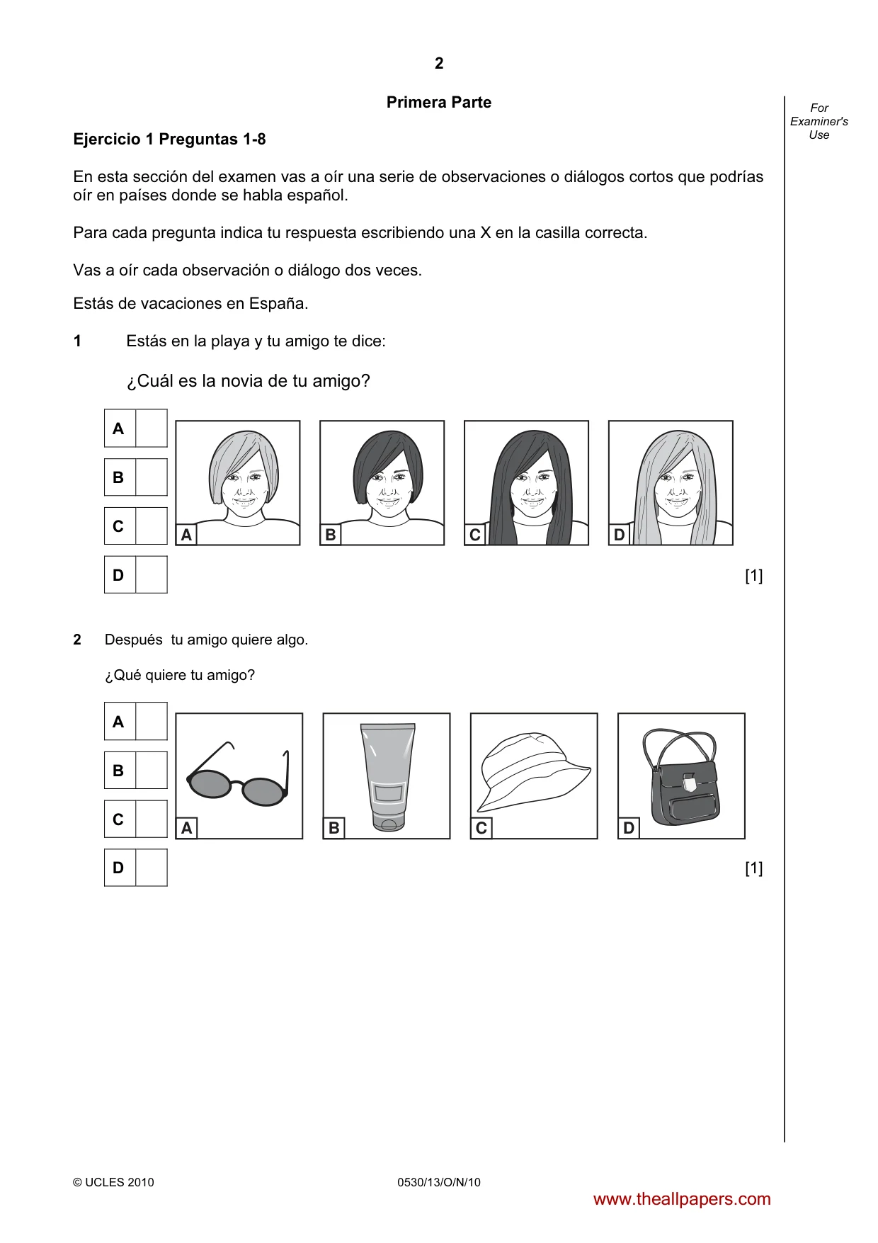 Cambridge IGCSE Spanish - Foreign Language 0530 2010 Oct/Nov Paper 1 · Variant 3 question paper, page 2 of 12