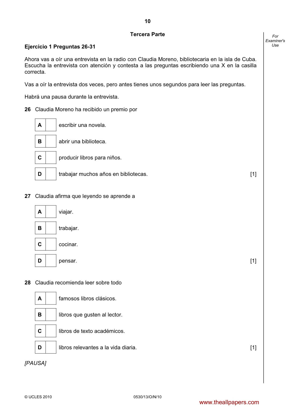 Cambridge IGCSE Spanish - Foreign Language 0530 2010 Oct/Nov Paper 1 · Variant 3 question paper, page 10 of 12