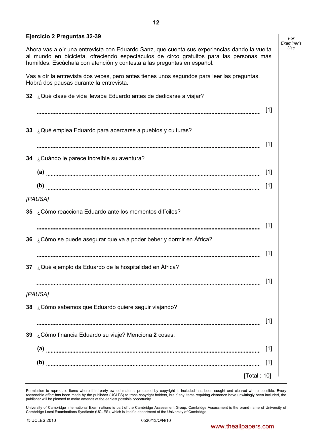 Cambridge IGCSE Spanish - Foreign Language 0530 2010 Oct/Nov Paper 1 · Variant 3 question paper, page 12 of 12
