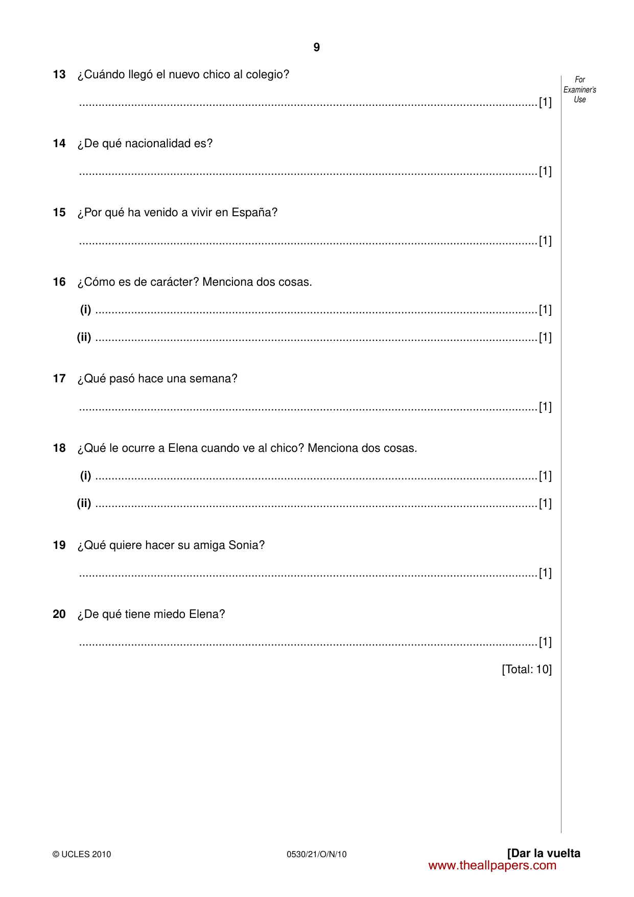 Cambridge IGCSE Spanish - Foreign Language 0530 2010 Oct/Nov Paper 2 · Variant 1 question paper, page 9 of 16