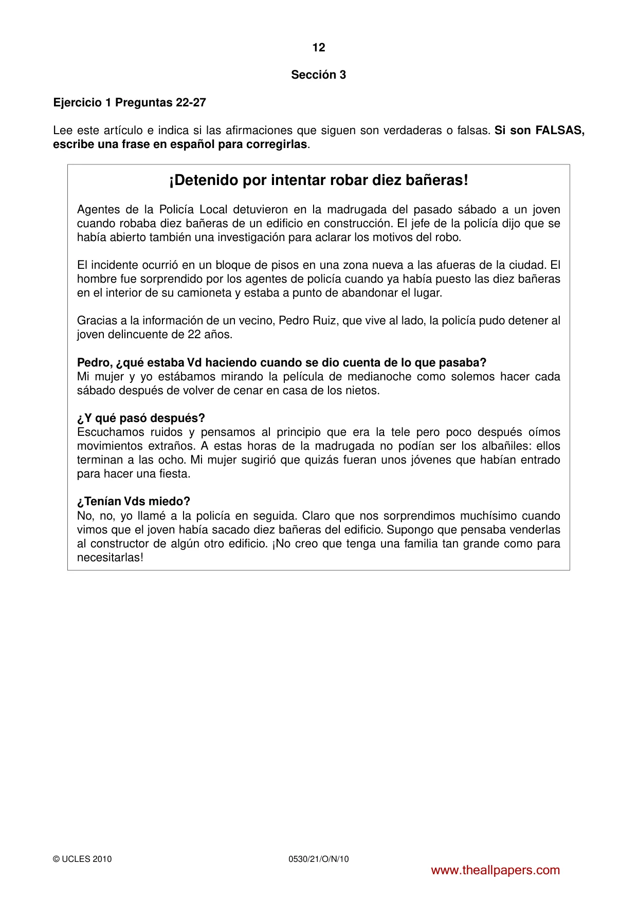 Cambridge IGCSE Spanish - Foreign Language 0530 2010 Oct/Nov Paper 2 · Variant 1 question paper, page 12 of 16