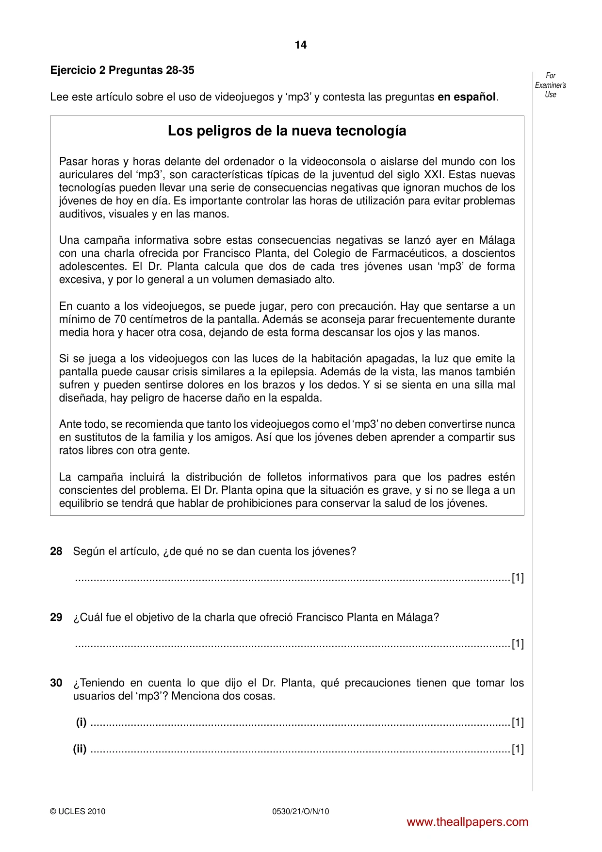 Cambridge IGCSE Spanish - Foreign Language 0530 2010 Oct/Nov Paper 2 · Variant 1 question paper, page 14 of 16