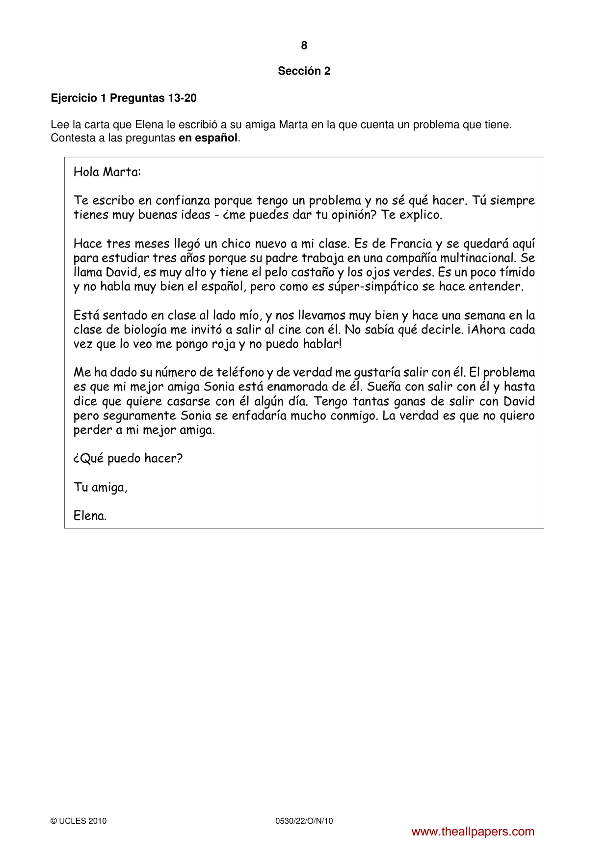 Cambridge IGCSE Spanish - Foreign Language 0530 2010 Oct/Nov Paper 2 · Variant 2 question paper, page 8 of 16
