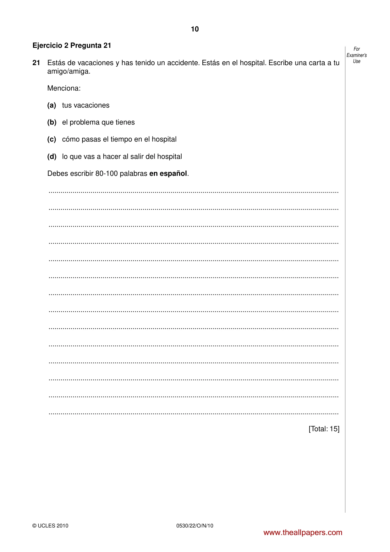 Cambridge IGCSE Spanish - Foreign Language 0530 2010 Oct/Nov Paper 2 · Variant 2 question paper, page 10 of 16