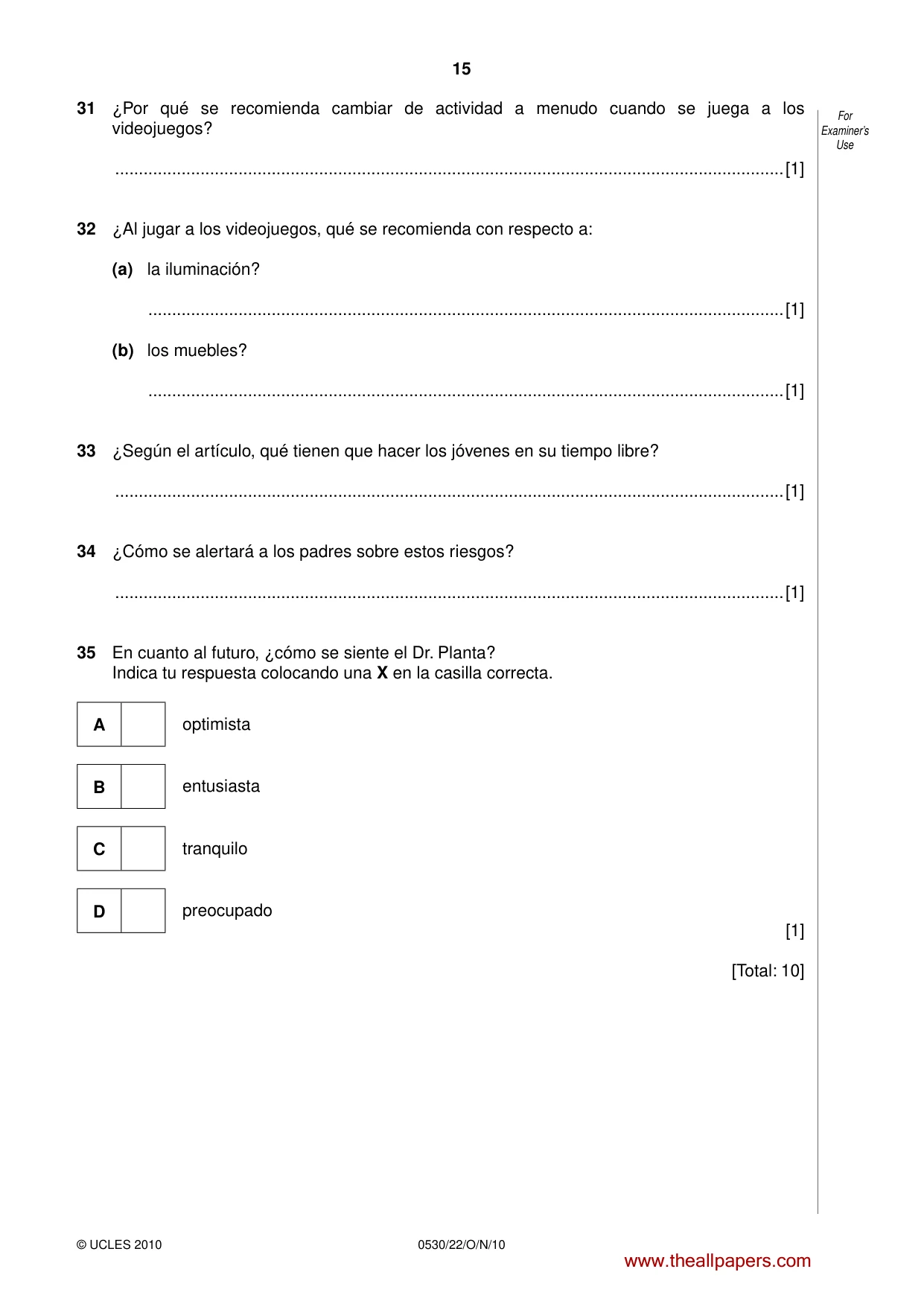 Cambridge IGCSE Spanish - Foreign Language 0530 2010 Oct/Nov Paper 2 · Variant 2 question paper, page 15 of 16