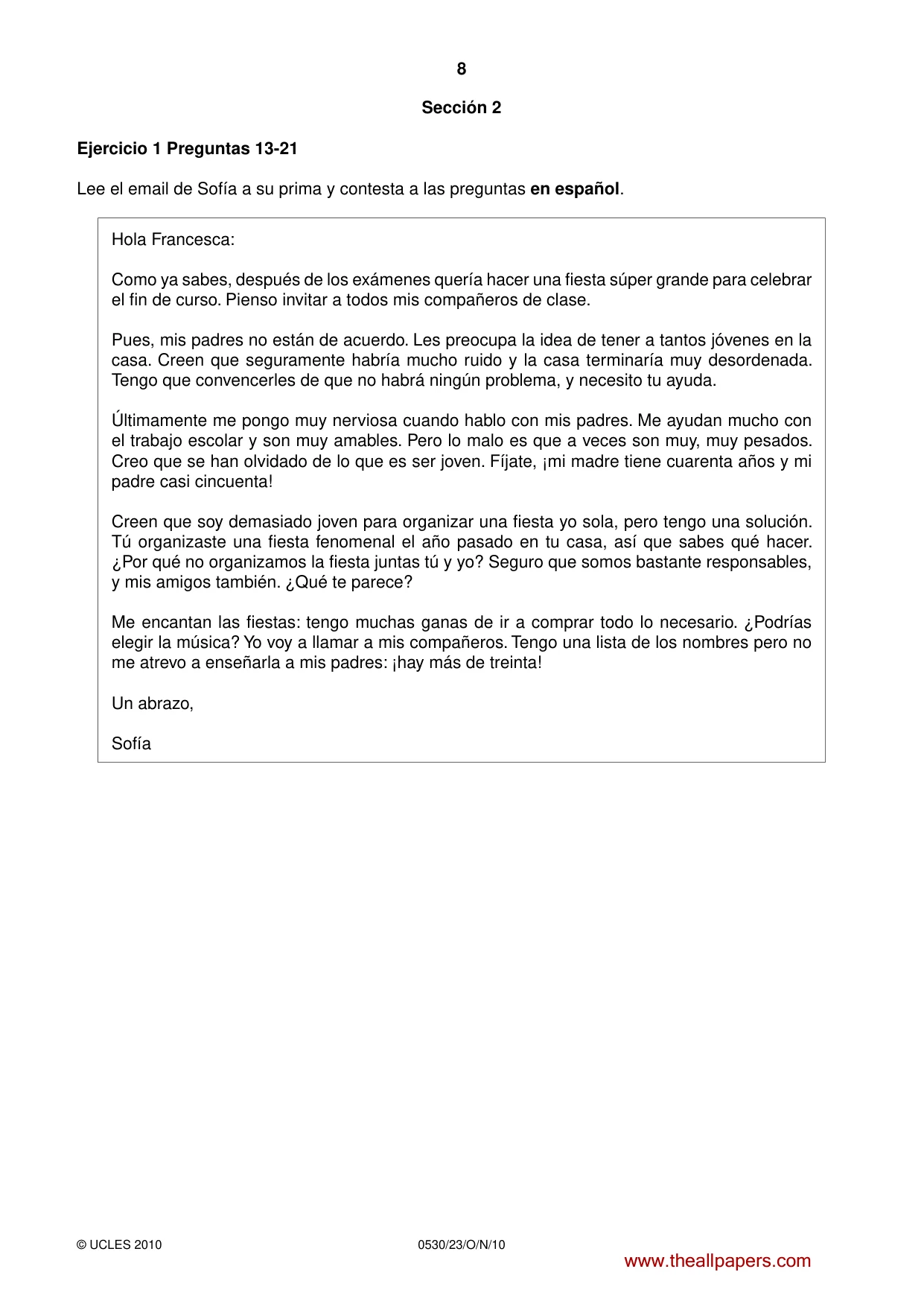 Cambridge IGCSE Spanish - Foreign Language 0530 2010 Oct/Nov Paper 2 · Variant 3 question paper, page 8 of 16