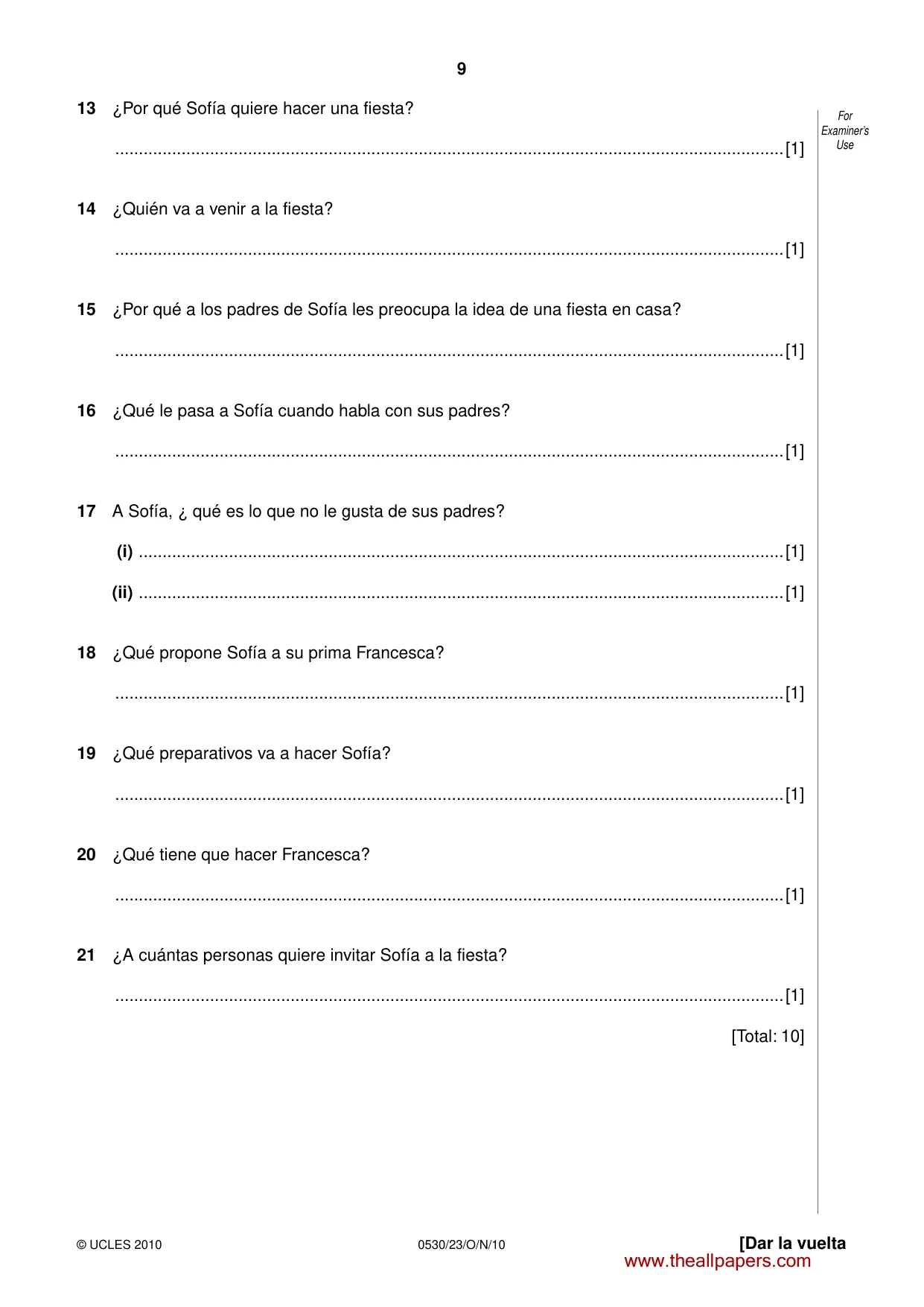 Cambridge IGCSE Spanish - Foreign Language 0530 2010 Oct/Nov Paper 2 · Variant 3 question paper, page 9 of 16