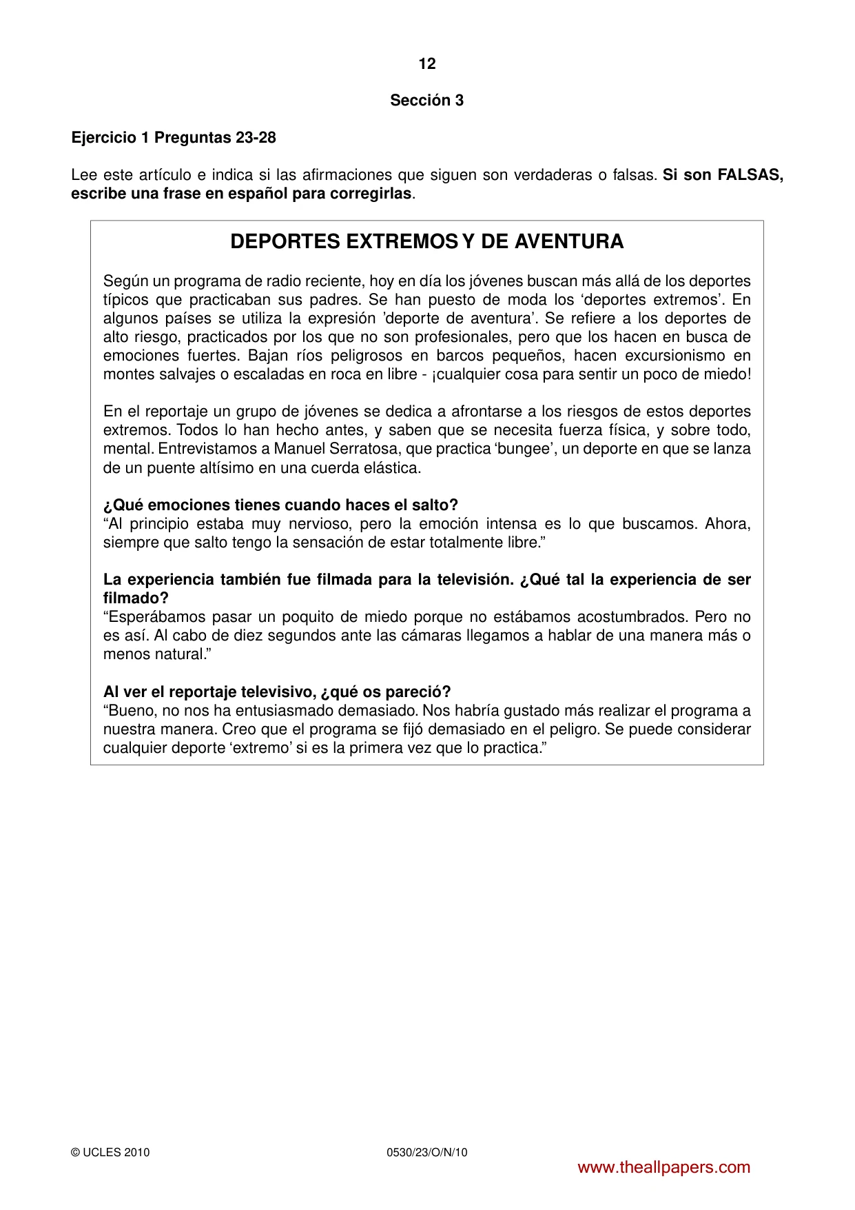 Cambridge IGCSE Spanish - Foreign Language 0530 2010 Oct/Nov Paper 2 · Variant 3 question paper, page 12 of 16