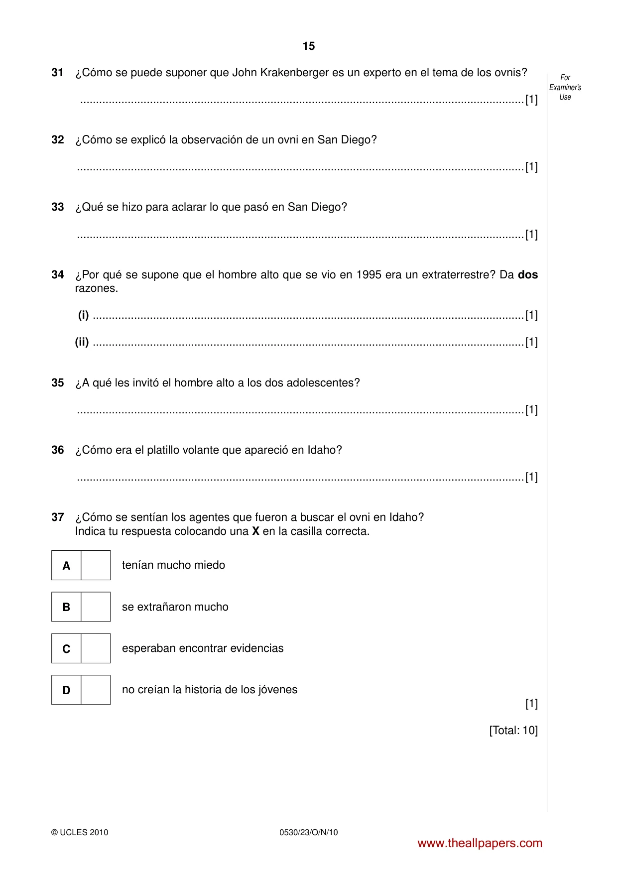 Cambridge IGCSE Spanish - Foreign Language 0530 2010 Oct/Nov Paper 2 · Variant 3 question paper, page 15 of 16