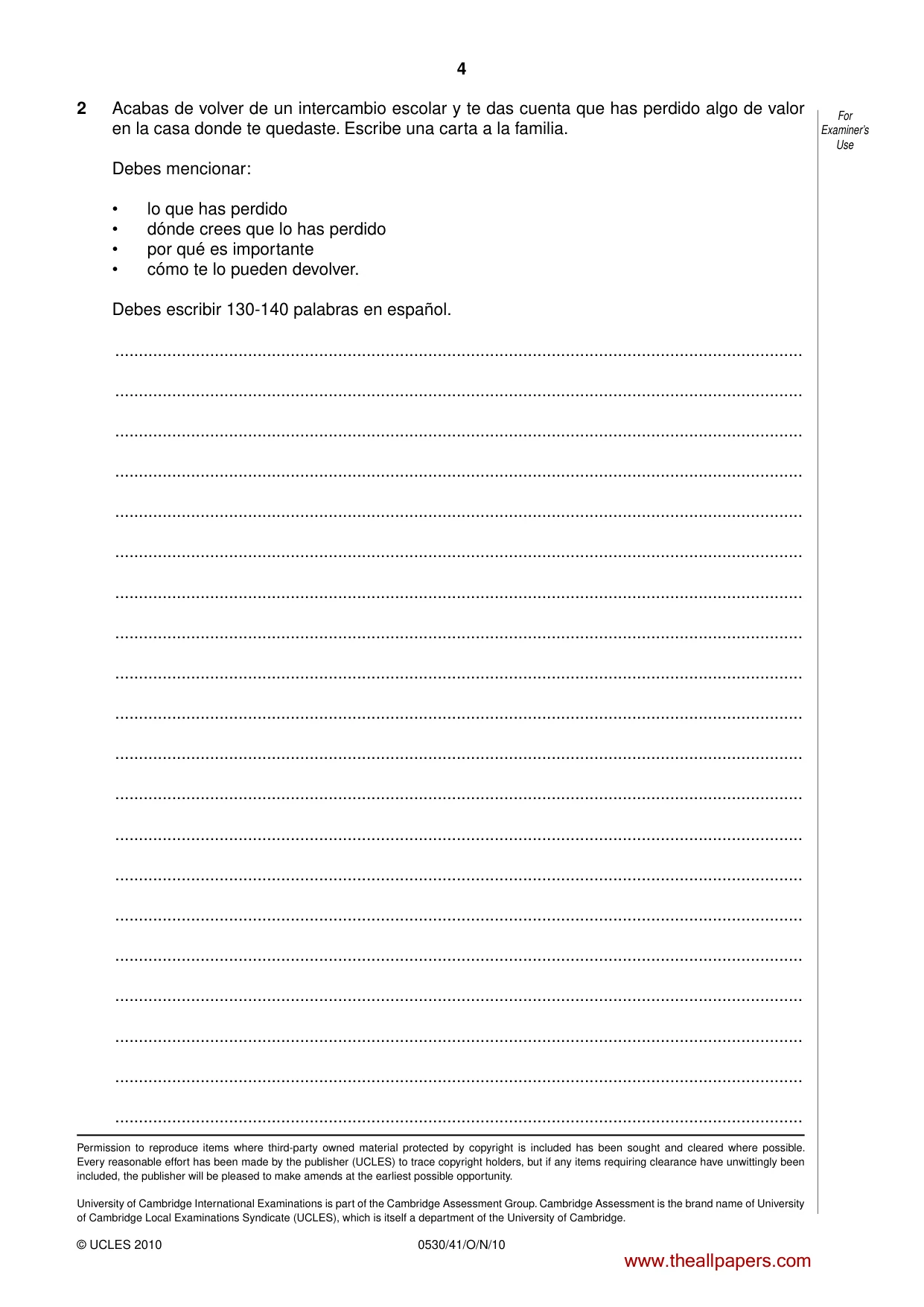 Cambridge IGCSE Spanish - Foreign Language 0530 2010 Oct/Nov Paper 4 · Variant 1 question paper, page 4 of 4