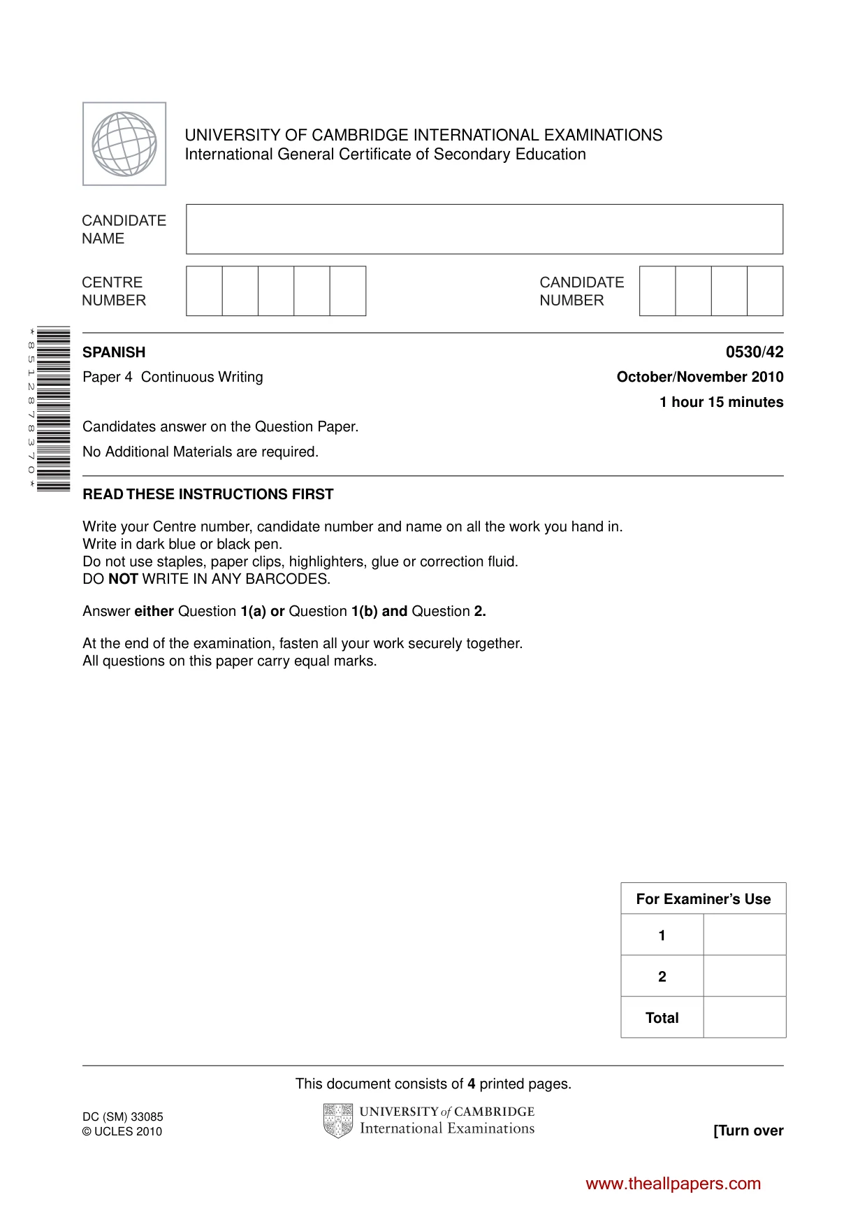 Cambridge IGCSE Spanish - Foreign Language 0530 2010 Oct/Nov Paper 4 · Variant 2 question paper, page 1 of 4