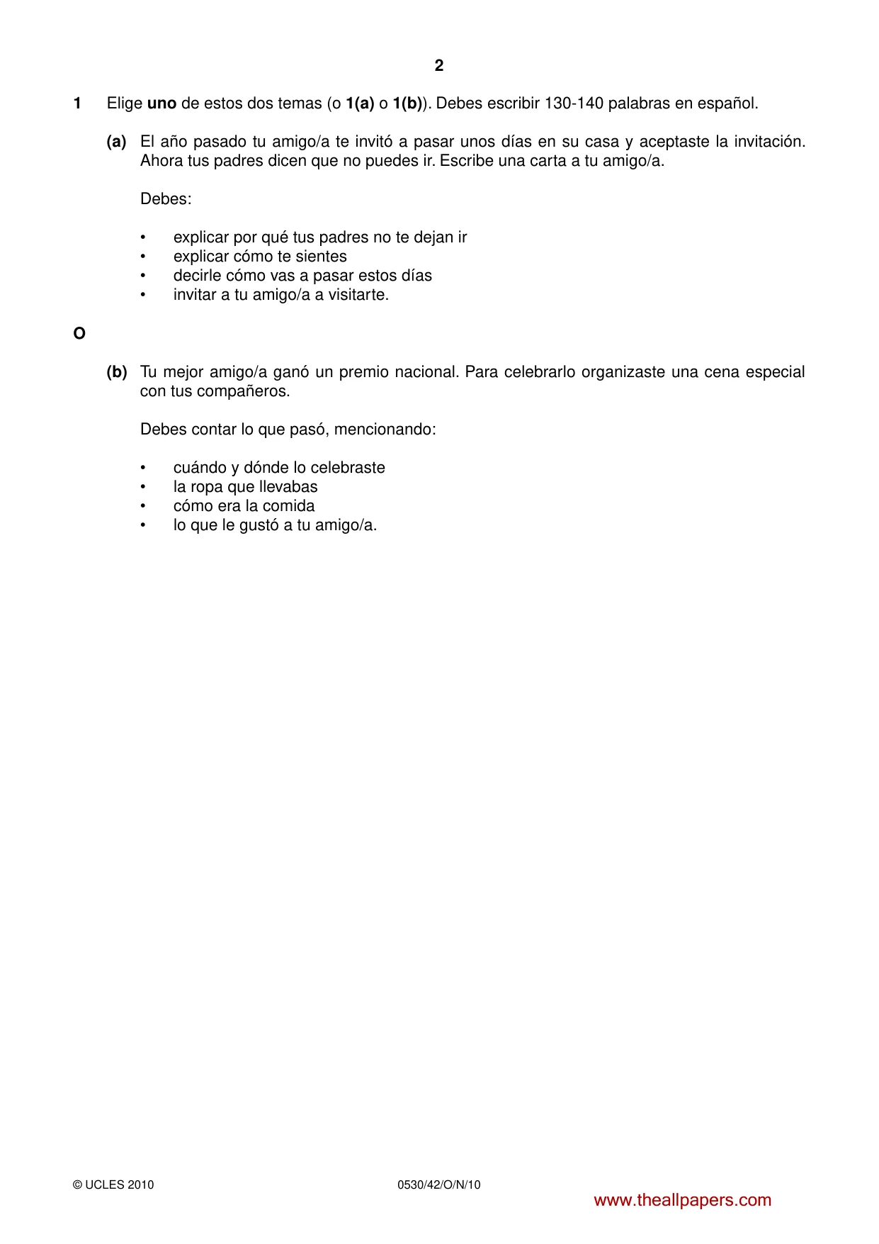 Cambridge IGCSE Spanish - Foreign Language 0530 2010 Oct/Nov Paper 4 · Variant 2 question paper, page 2 of 4