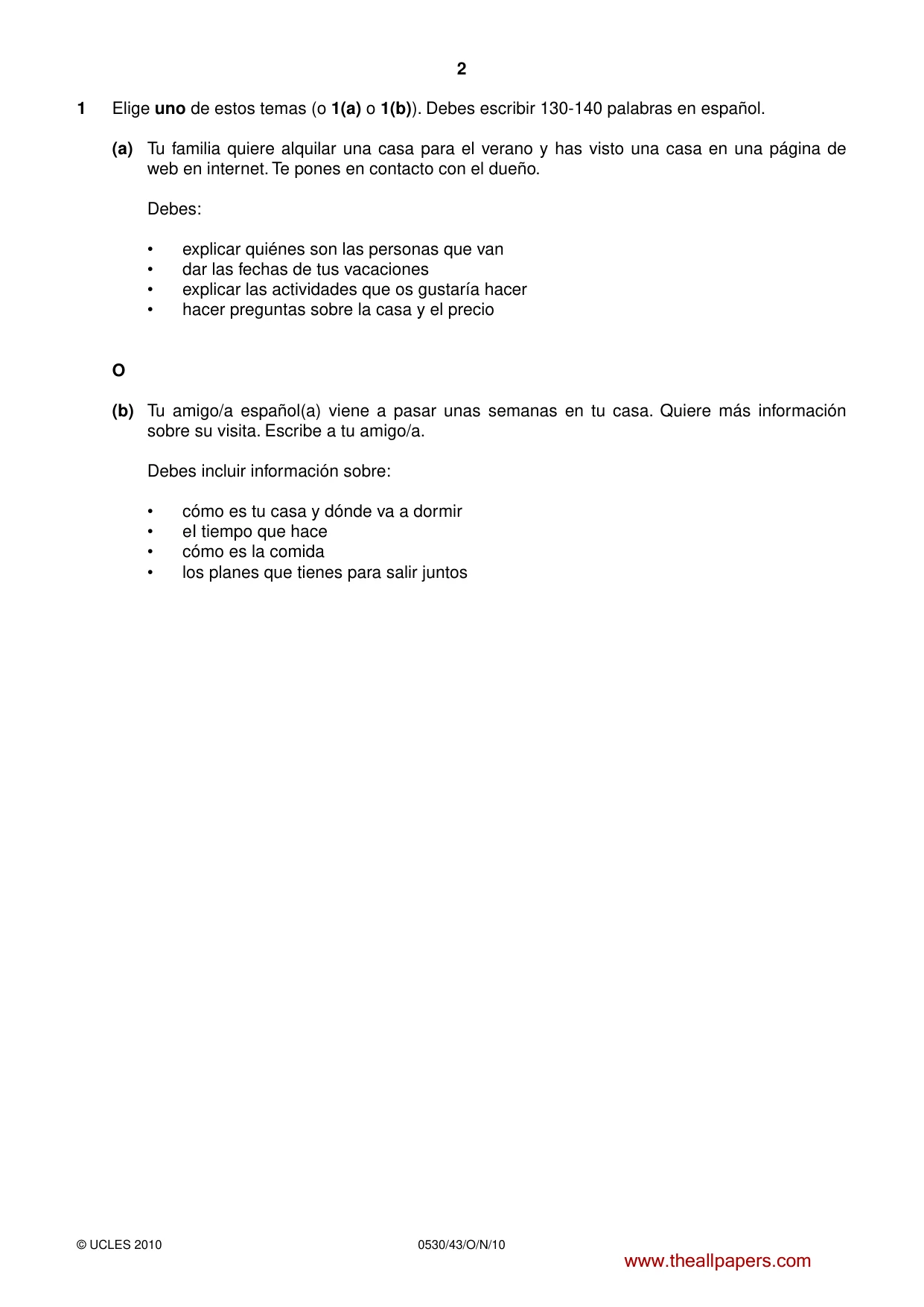 Cambridge IGCSE Spanish - Foreign Language 0530 2010 Oct/Nov Paper 4 · Variant 3 question paper, page 2 of 4