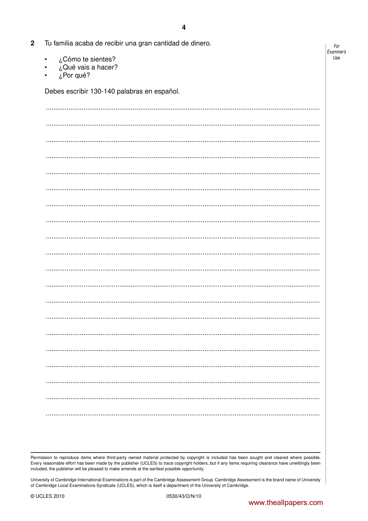 Cambridge IGCSE Spanish - Foreign Language 0530 2010 Oct/Nov Paper 4 · Variant 3 question paper, page 4 of 4