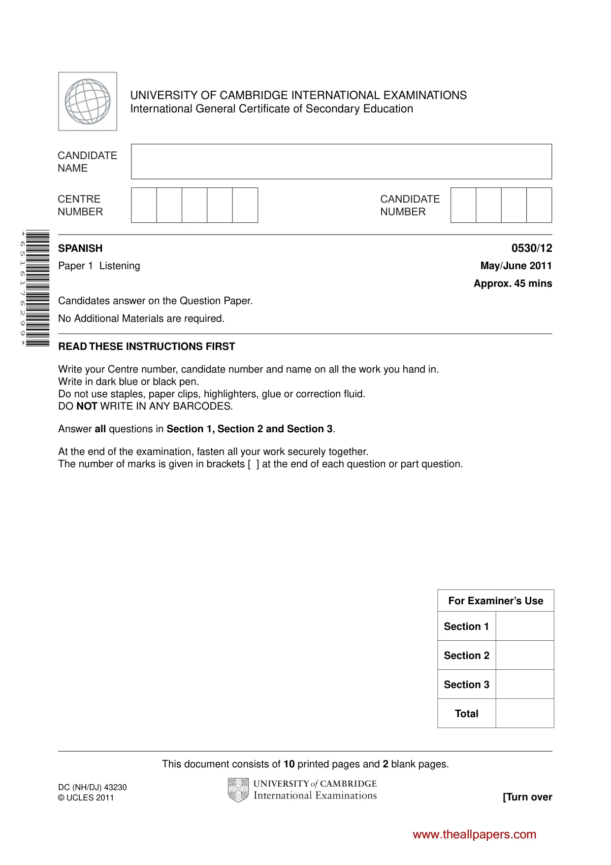 Cambridge IGCSE Spanish - Foreign Language 0530 2011 May/June Paper 1 · Variant 2 question paper, page 1 of 12