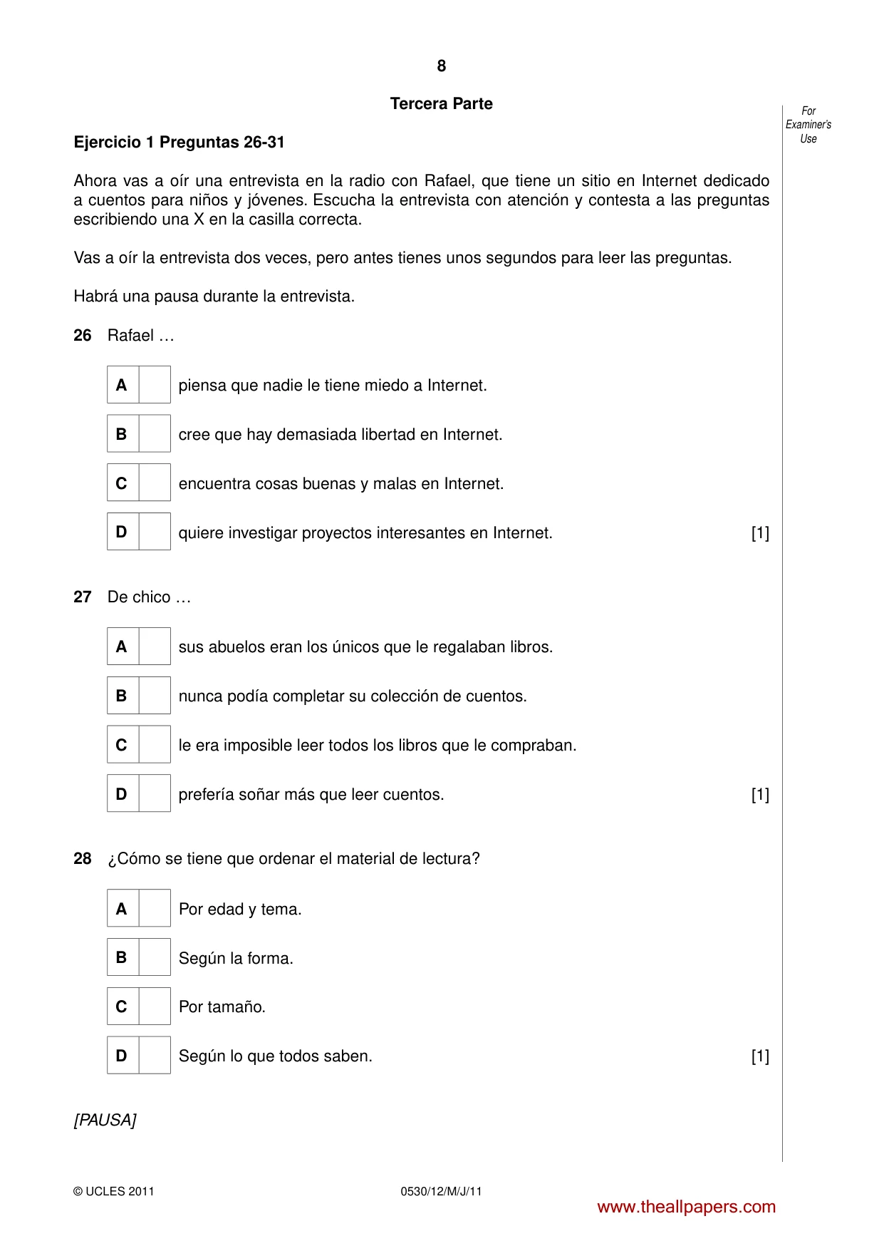 Cambridge IGCSE Spanish - Foreign Language 0530 2011 May/June Paper 1 · Variant 2 question paper, page 8 of 12