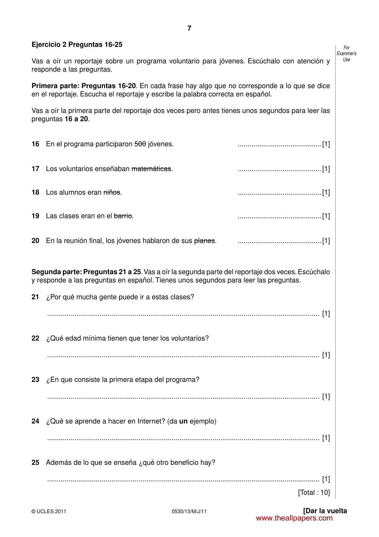 Cambridge IGCSE Spanish - Foreign Language 0530 2011 May/June Paper 1 · Variant 3 question paper, page 7 of 12