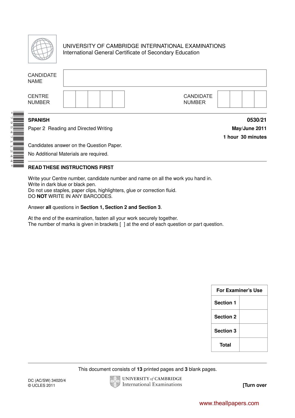 Cambridge IGCSE Spanish - Foreign Language 0530 2011 May/June Paper 2 · Variant 1 question paper, page 1 of 16