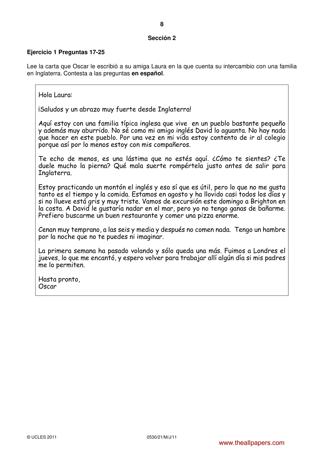 Cambridge IGCSE Spanish - Foreign Language 0530 2011 May/June Paper 2 · Variant 1 question paper, page 8 of 16
