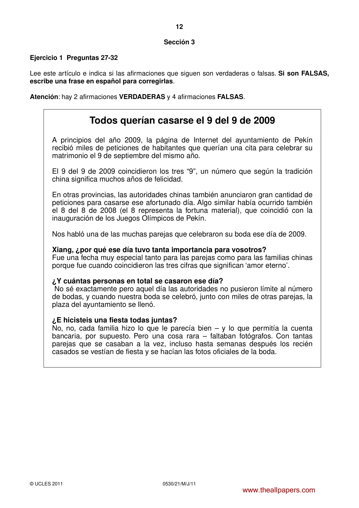 Cambridge IGCSE Spanish - Foreign Language 0530 2011 May/June Paper 2 · Variant 1 question paper, page 12 of 16