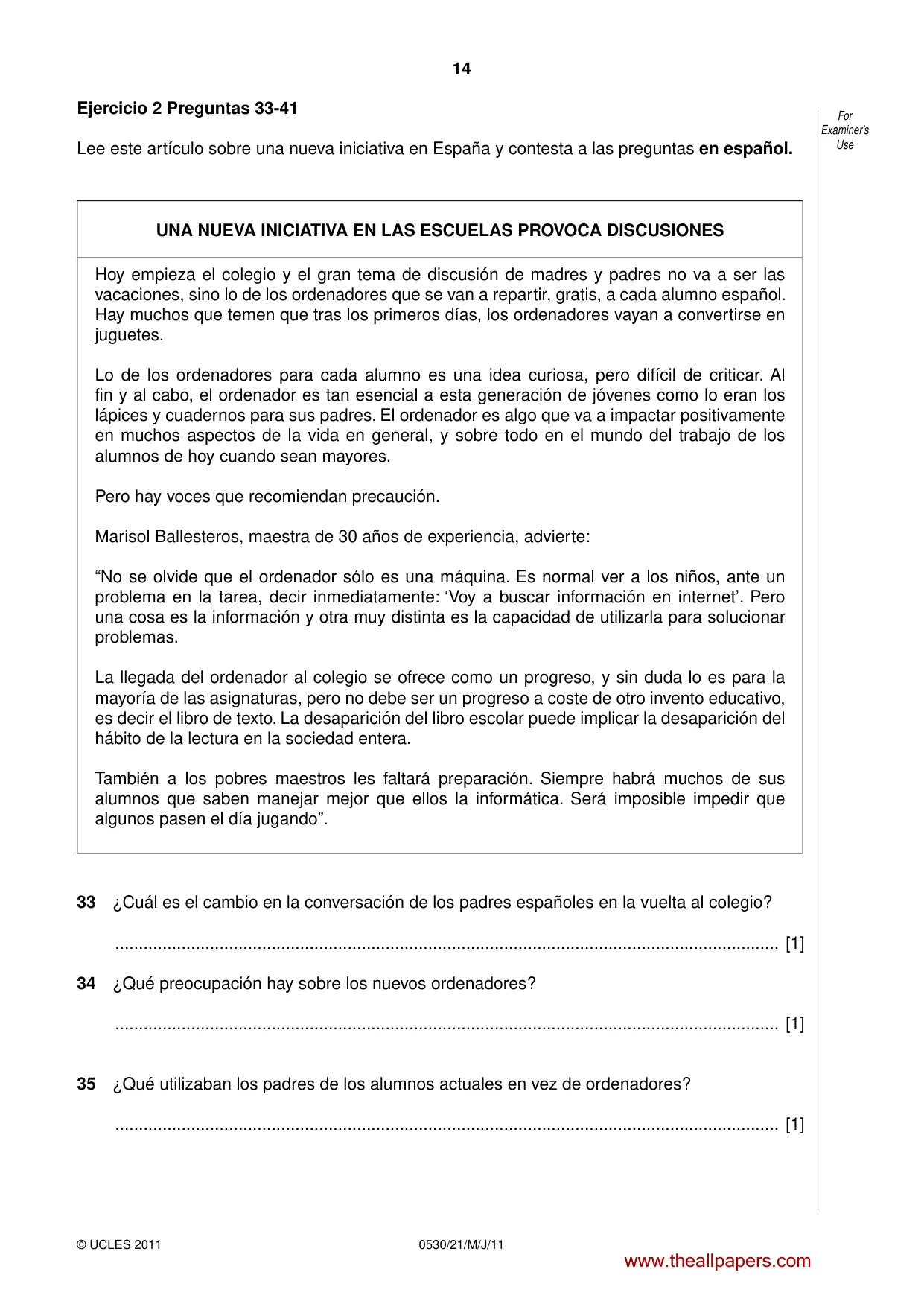 Cambridge IGCSE Spanish - Foreign Language 0530 2011 May/June Paper 2 · Variant 1 question paper, page 14 of 16