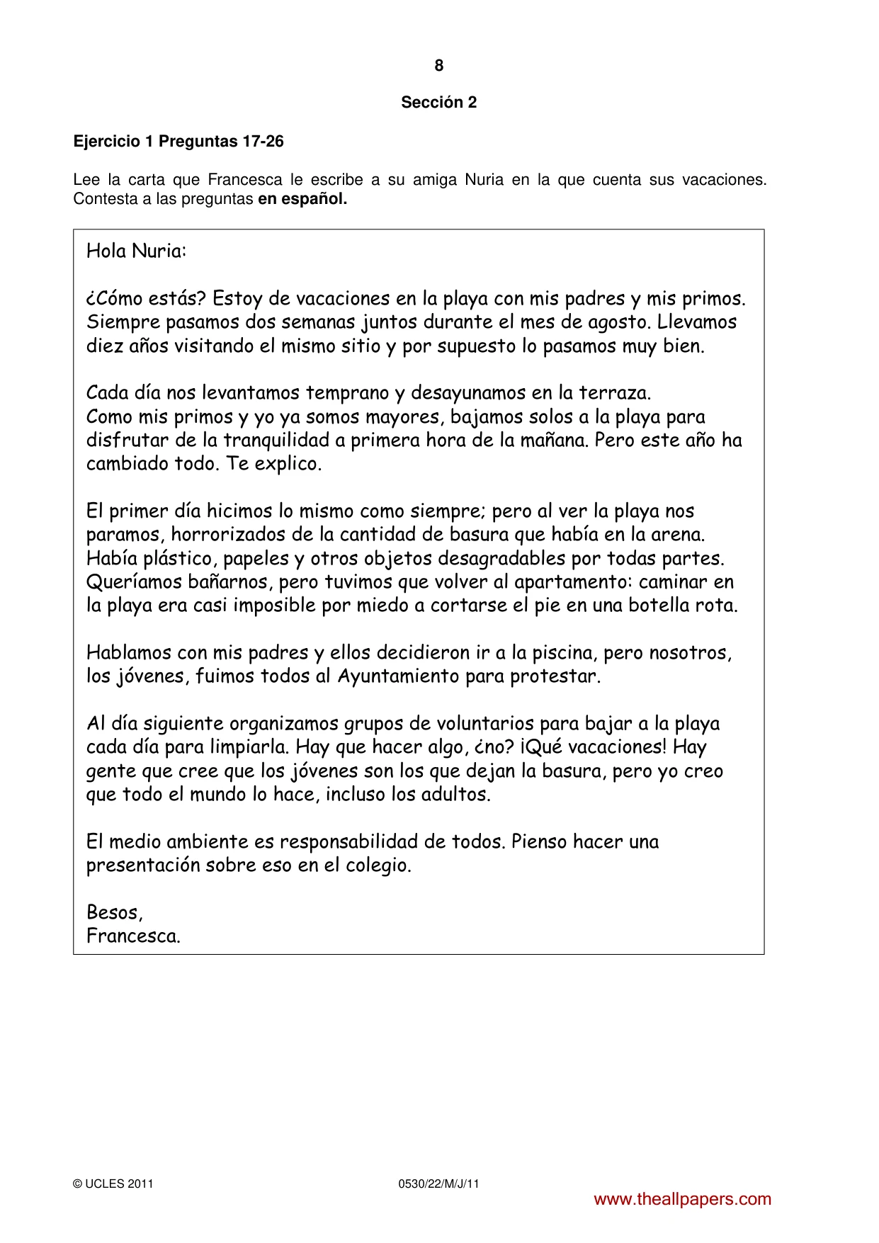 Cambridge IGCSE Spanish - Foreign Language 0530 2011 May/June Paper 2 · Variant 2 question paper, page 8 of 16