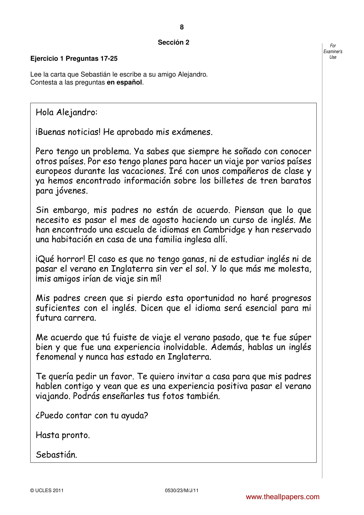 Cambridge IGCSE Spanish - Foreign Language 0530 2011 May/June Paper 2 · Variant 3 question paper, page 8 of 16