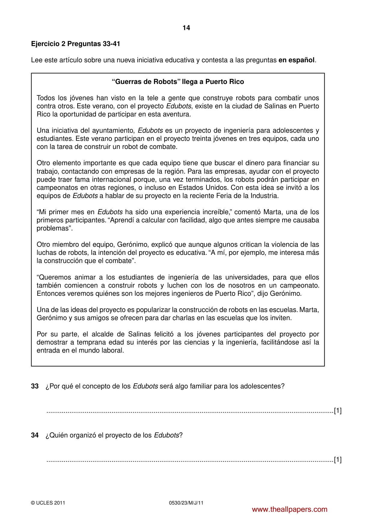 Cambridge IGCSE Spanish - Foreign Language 0530 2011 May/June Paper 2 · Variant 3 question paper, page 14 of 16