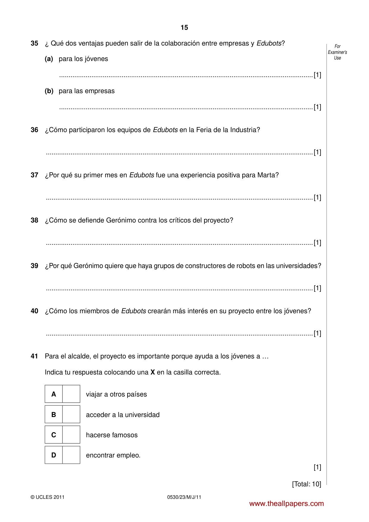 Cambridge IGCSE Spanish - Foreign Language 0530 2011 May/June Paper 2 · Variant 3 question paper, page 15 of 16