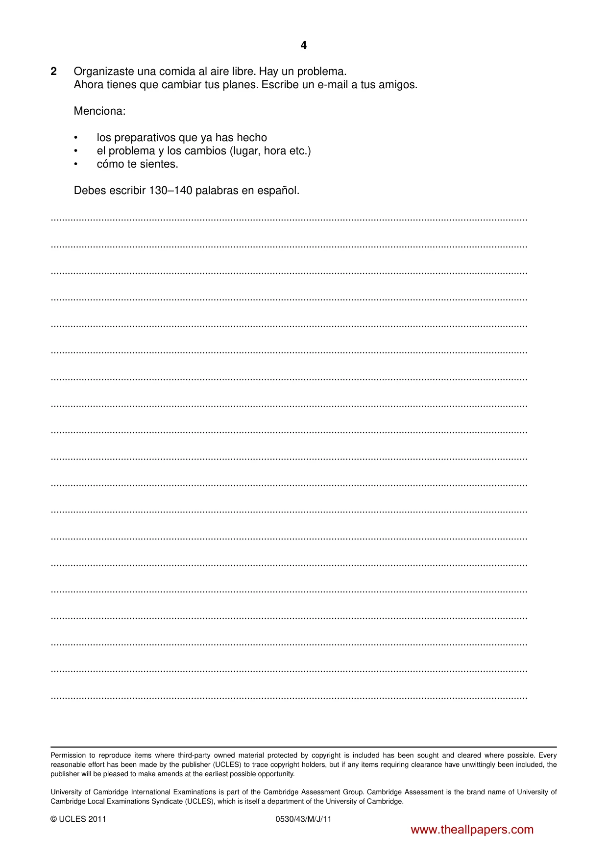 Cambridge IGCSE Spanish - Foreign Language 0530 2011 May/June Paper 4 · Variant 3 question paper, page 4 of 4