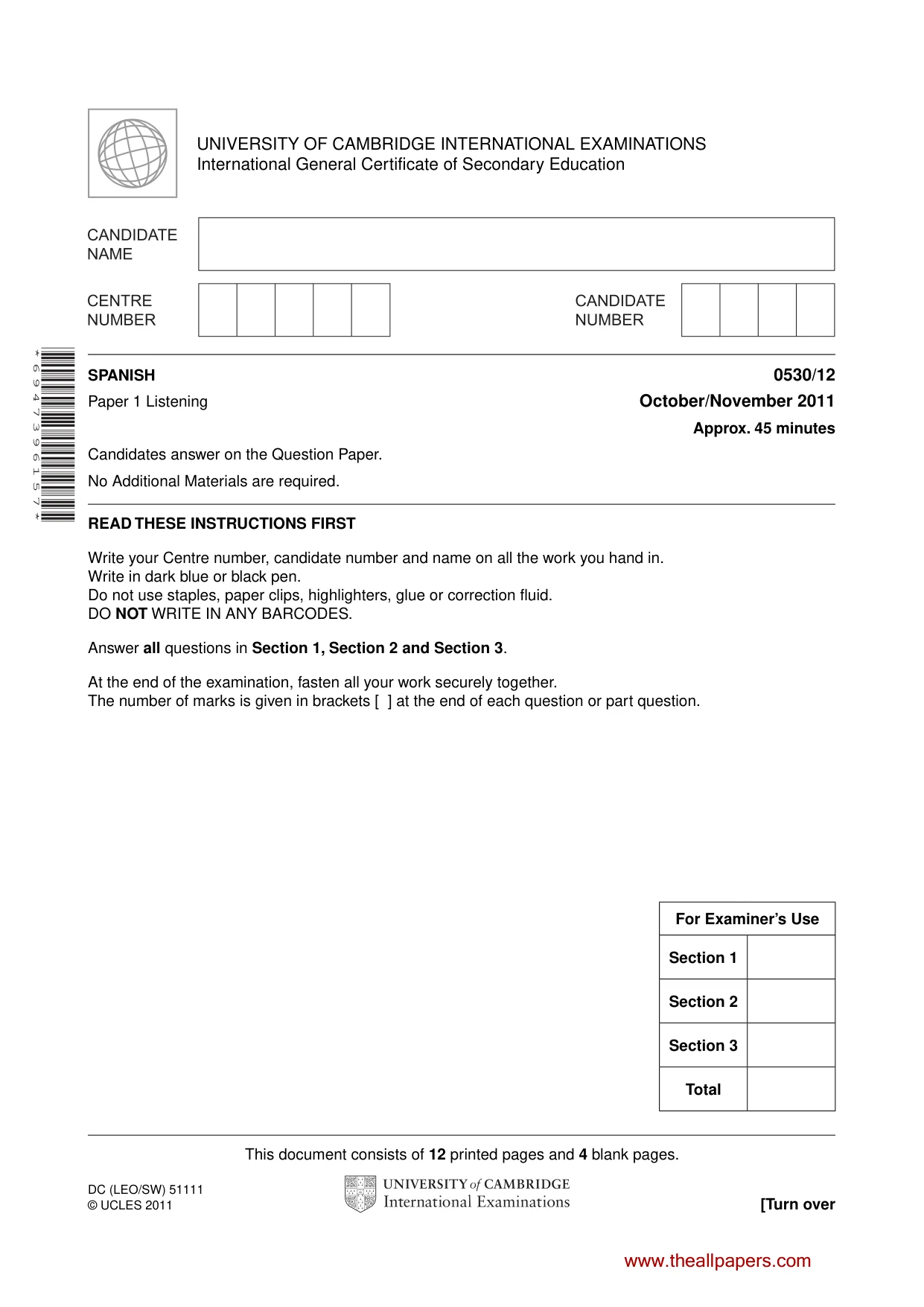 Cambridge IGCSE Spanish - Foreign Language 0530 2011 Oct/Nov Paper 1 · Variant 2 question paper, page 1 of 16