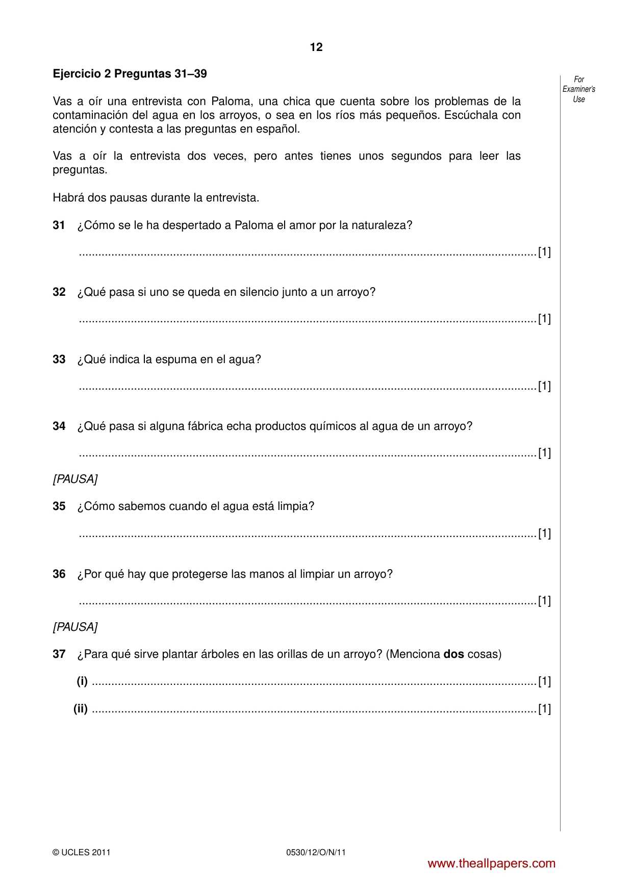 Cambridge IGCSE Spanish - Foreign Language 0530 2011 Oct/Nov Paper 1 · Variant 2 question paper, page 12 of 16